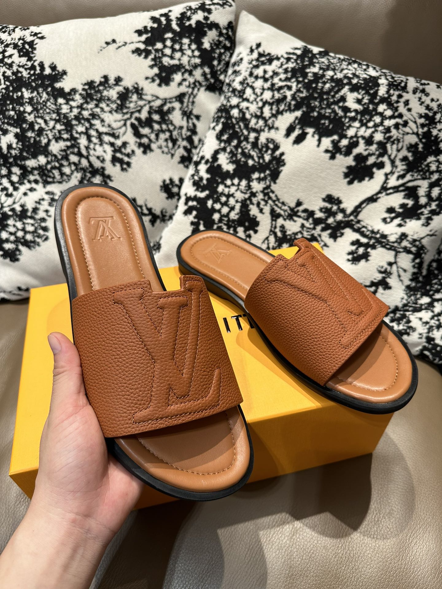 LV Leather Slide Sandals Brown