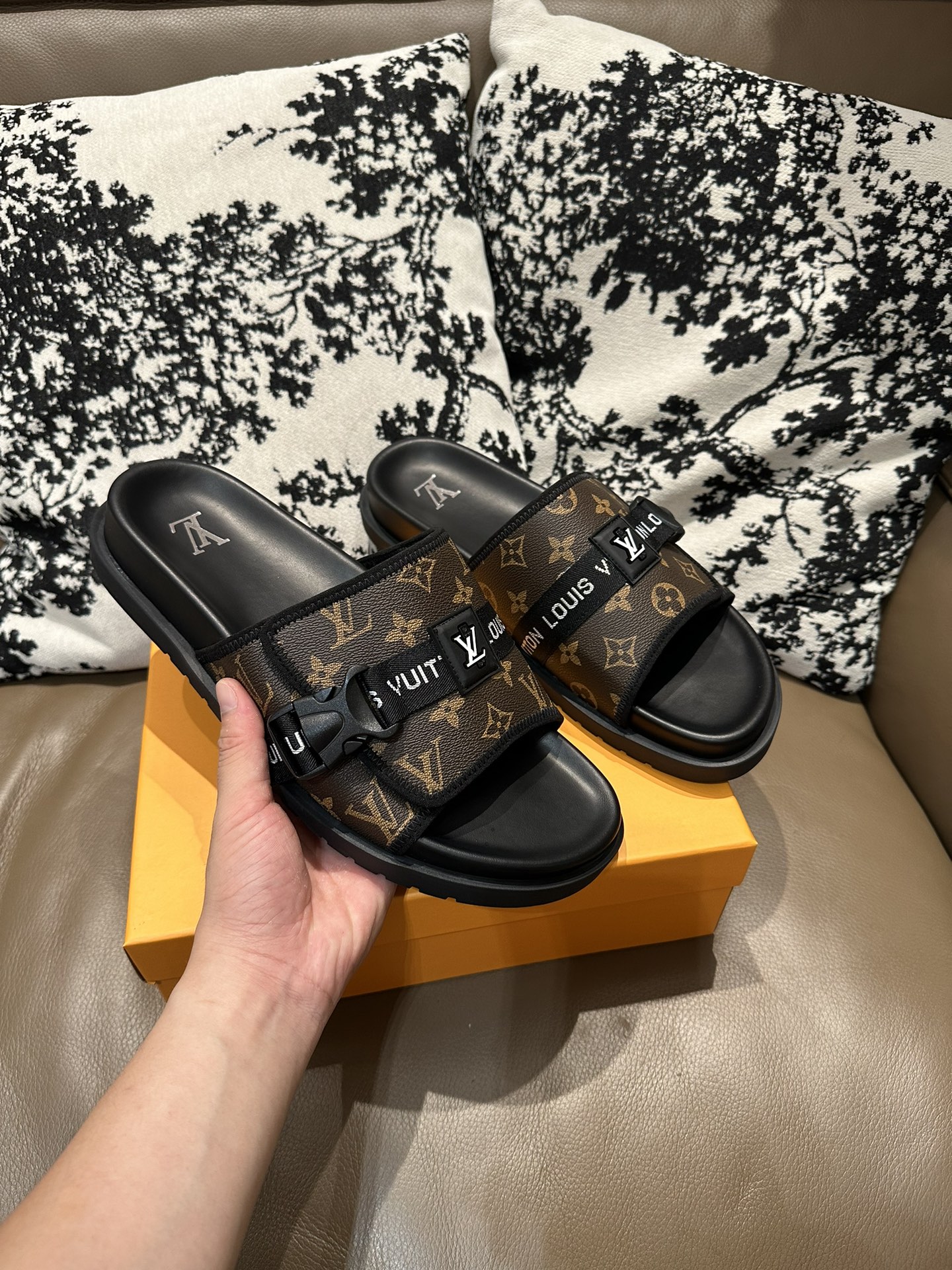LV Buckle Slides Brown Black