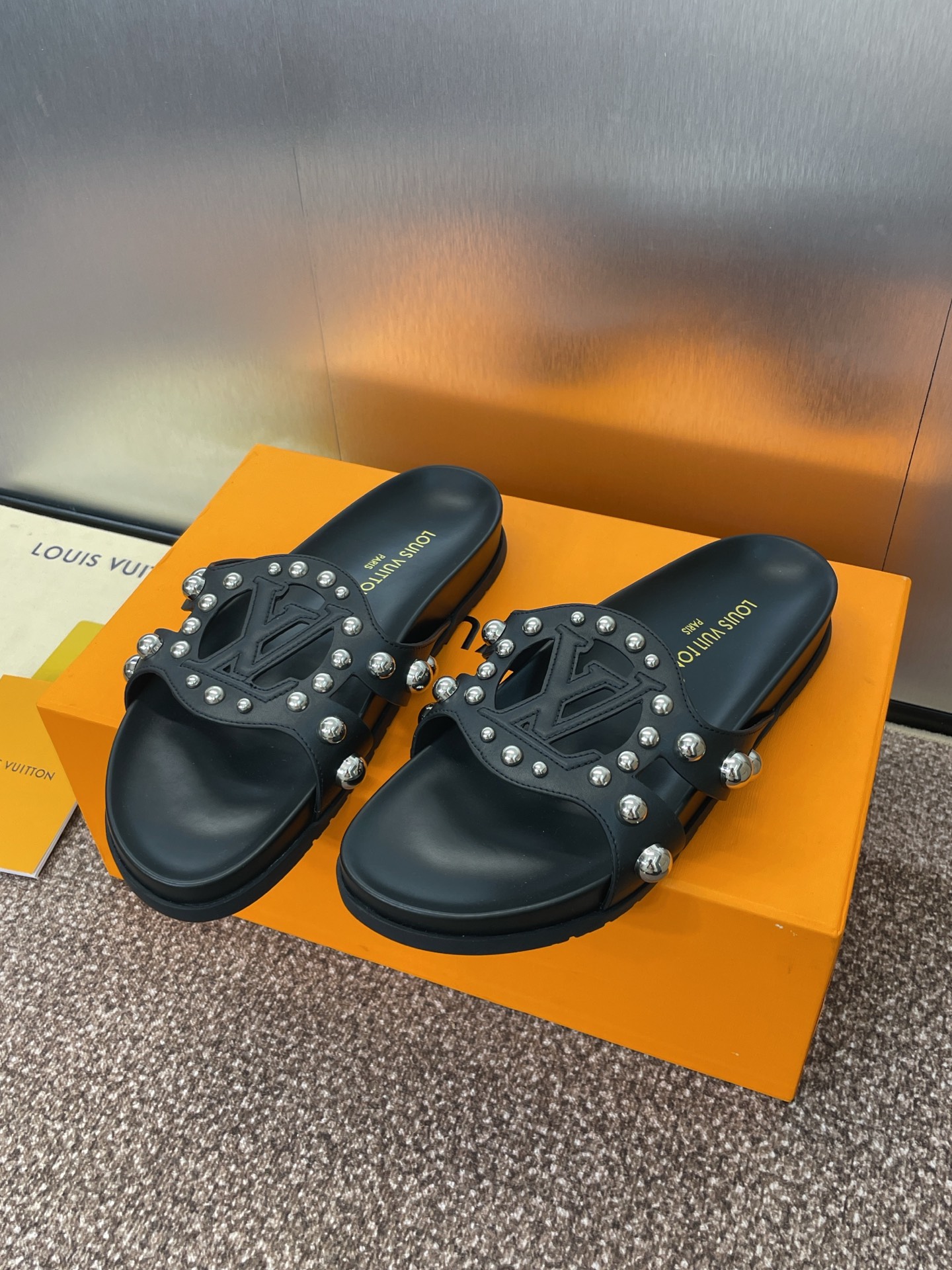 LV Studded Slides Black