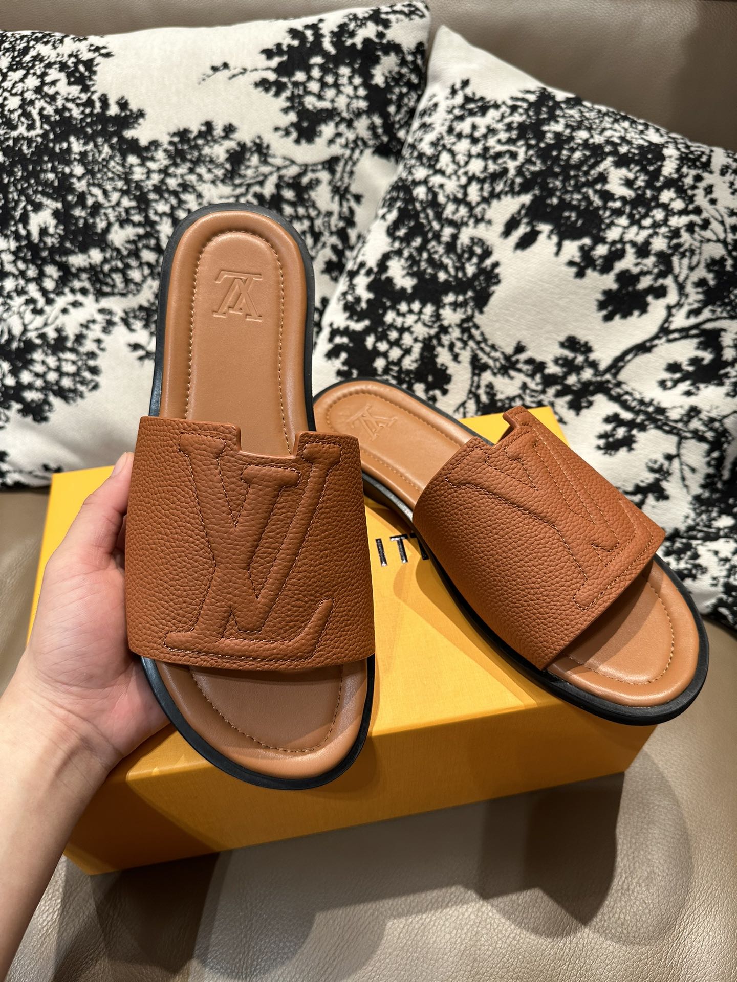 LV Leather Slide Sandals Brown