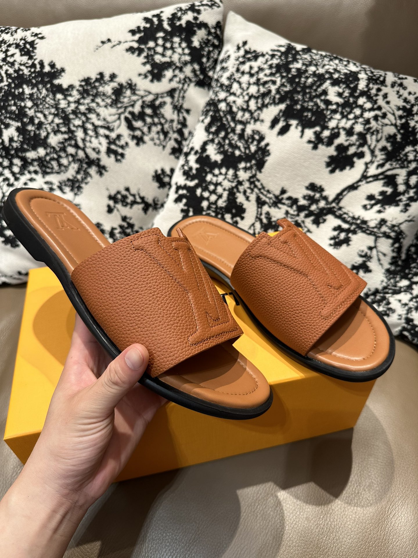 LV Leather Slide Sandals Brown