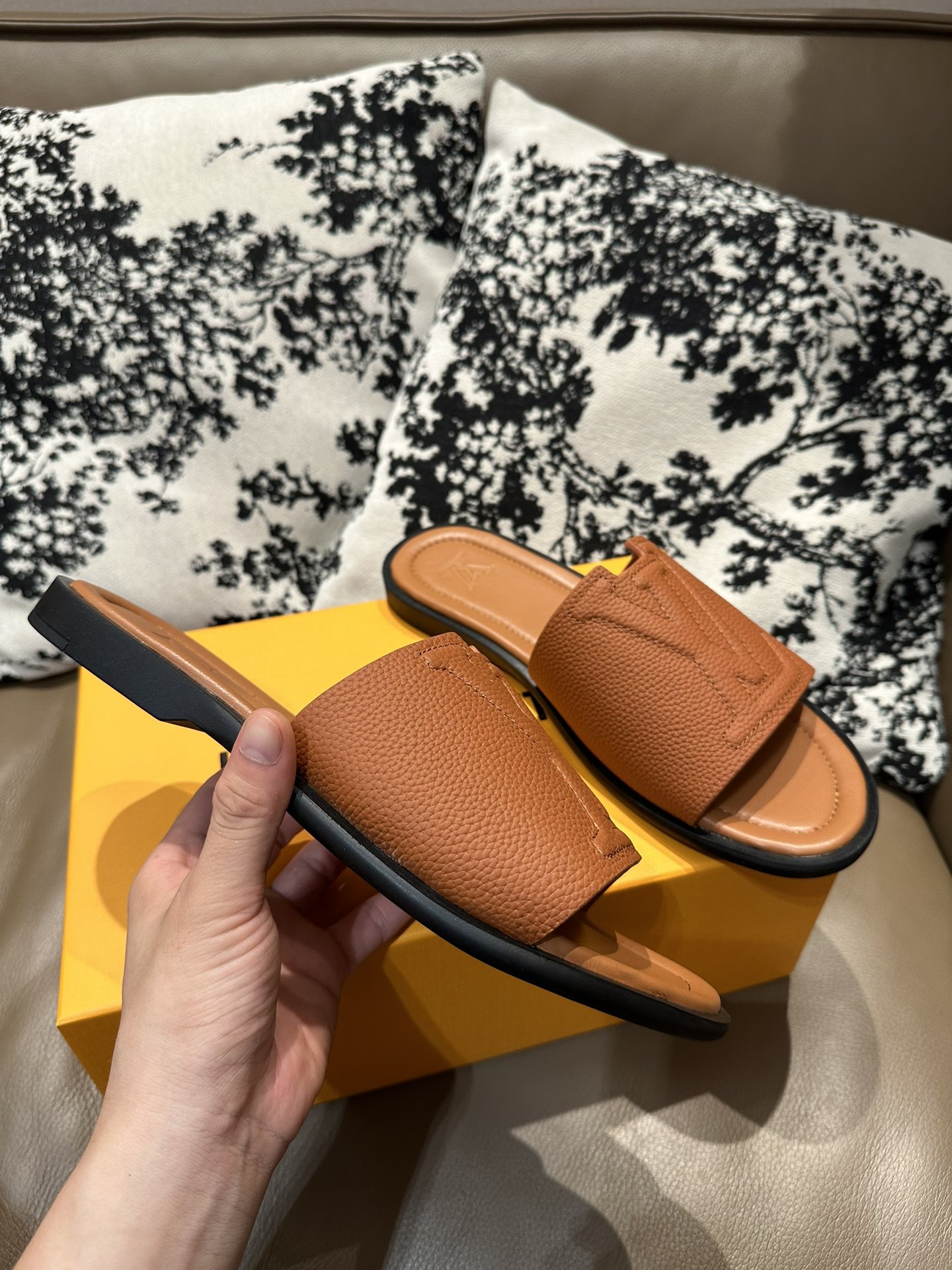 LV Leather Slide Sandals Brown