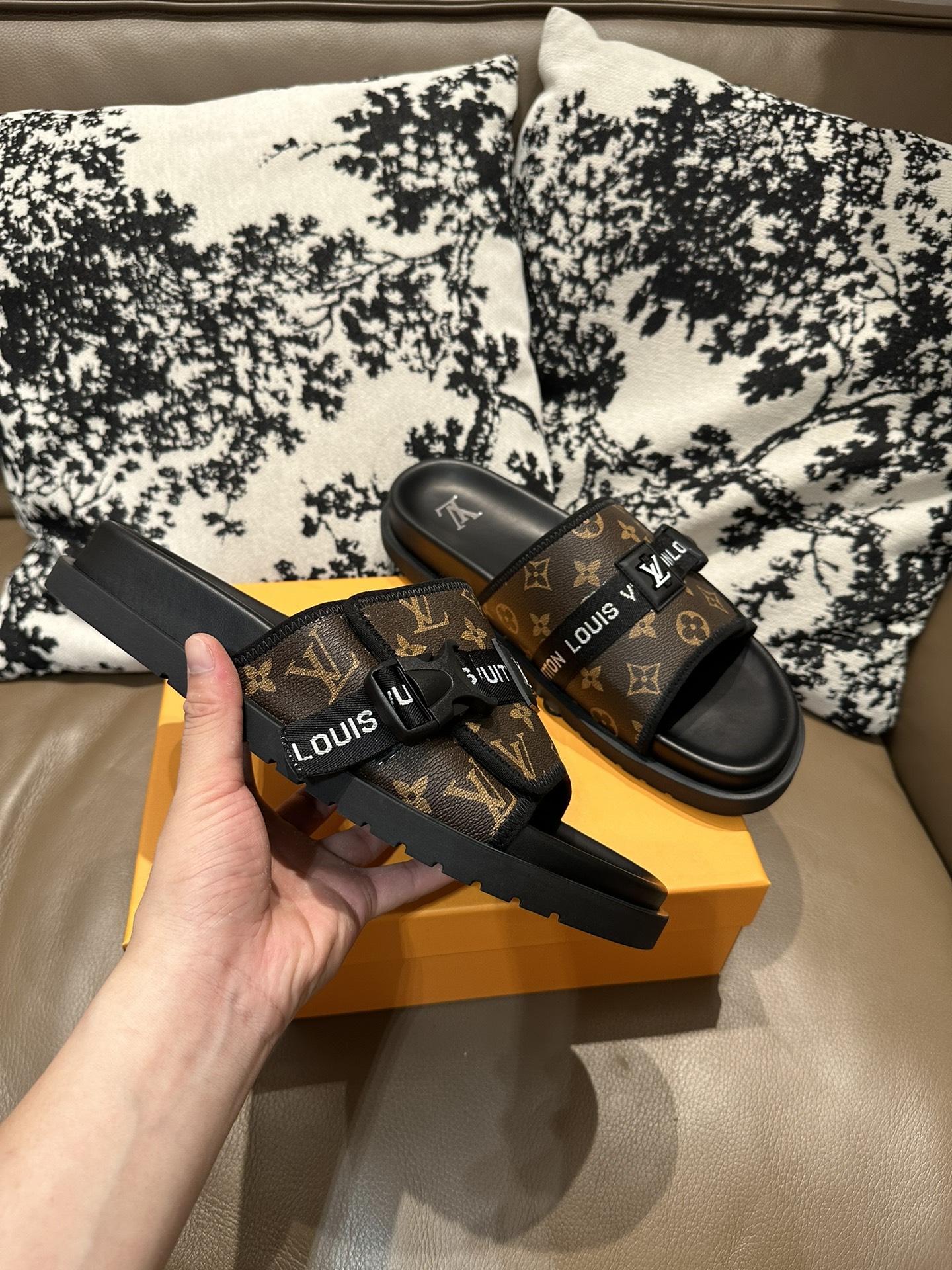 LV Buckle Slides Brown Black