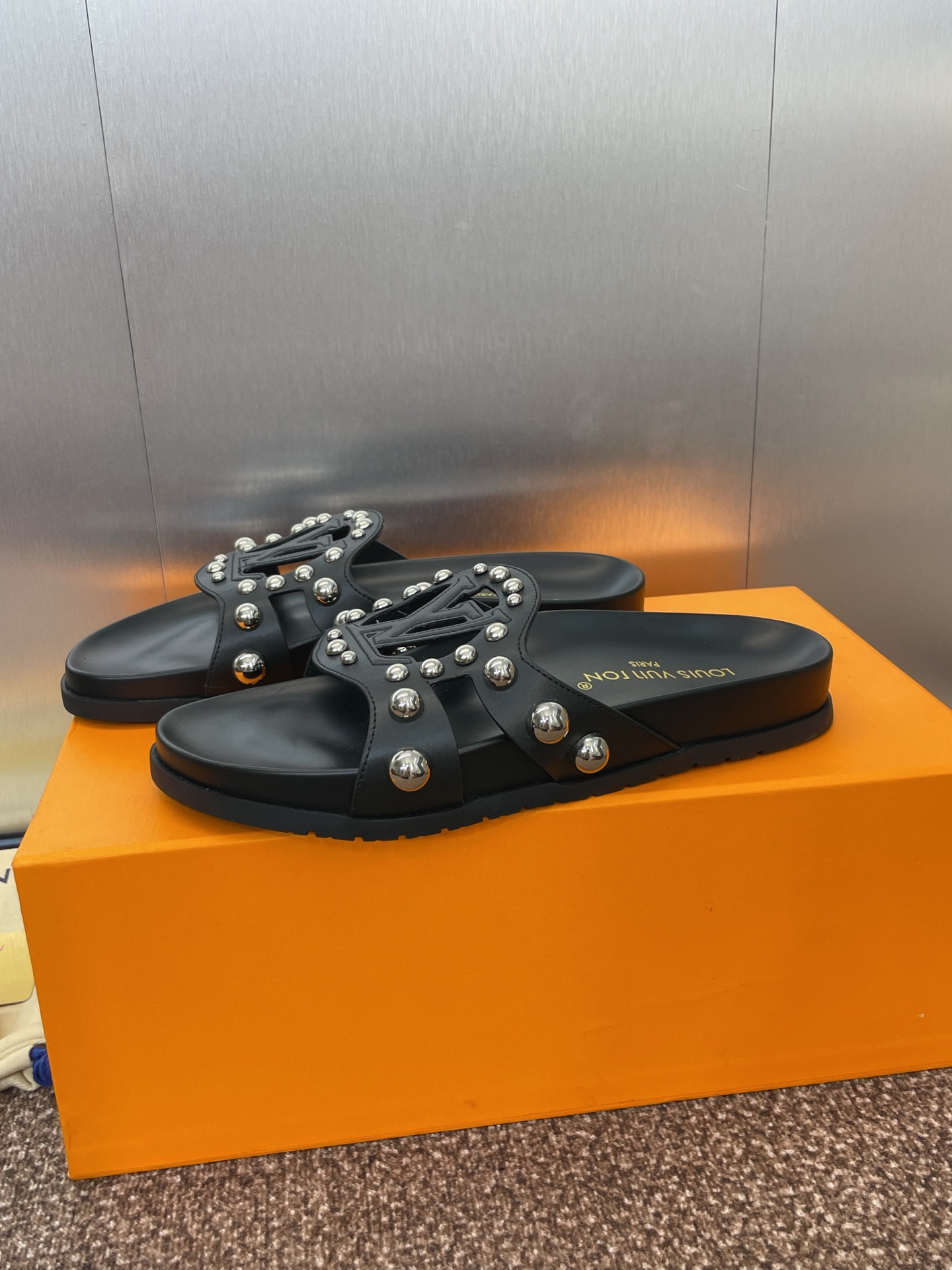 LV Studded Slides Black