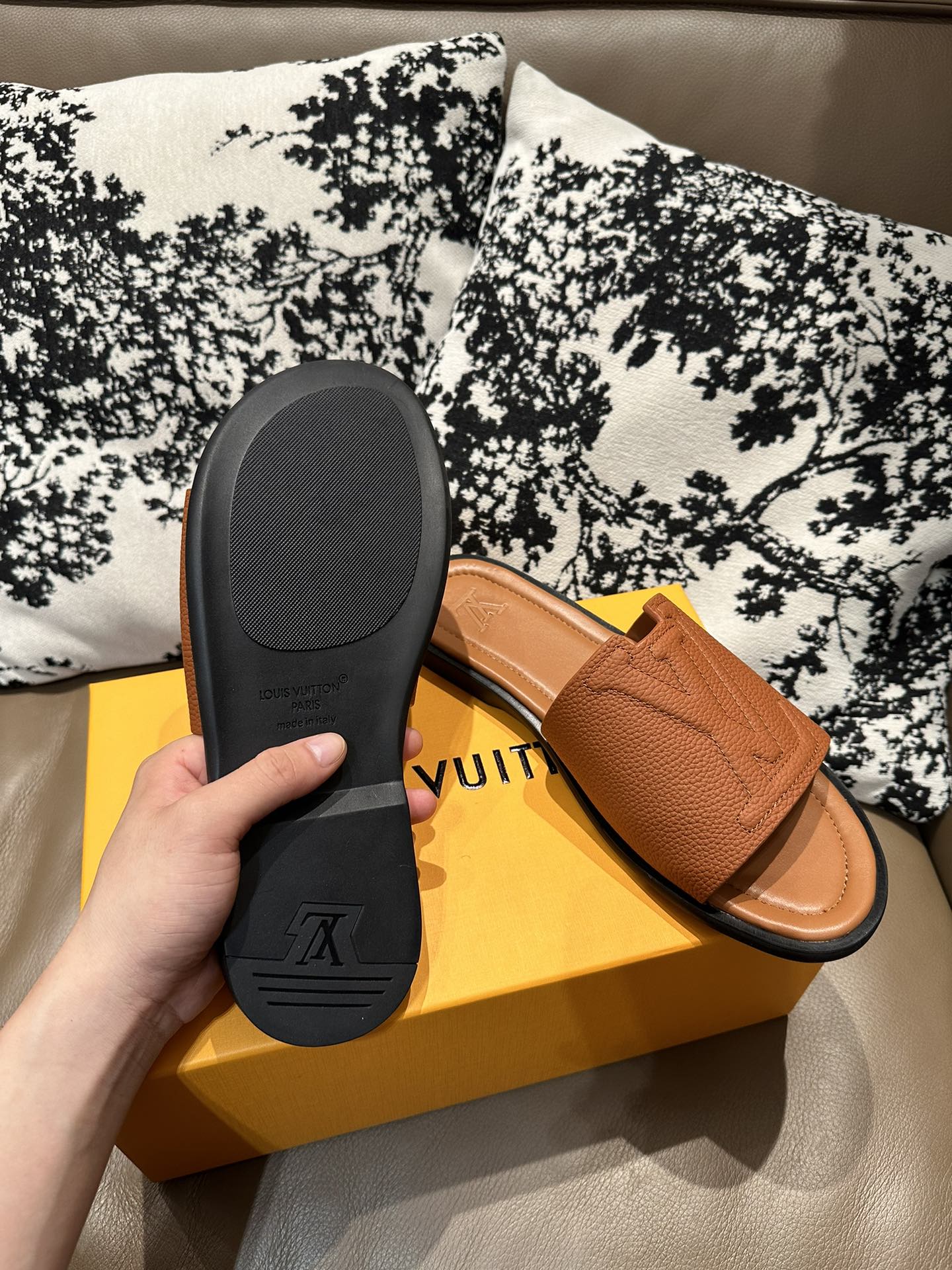 LV Leather Slide Sandals Brown