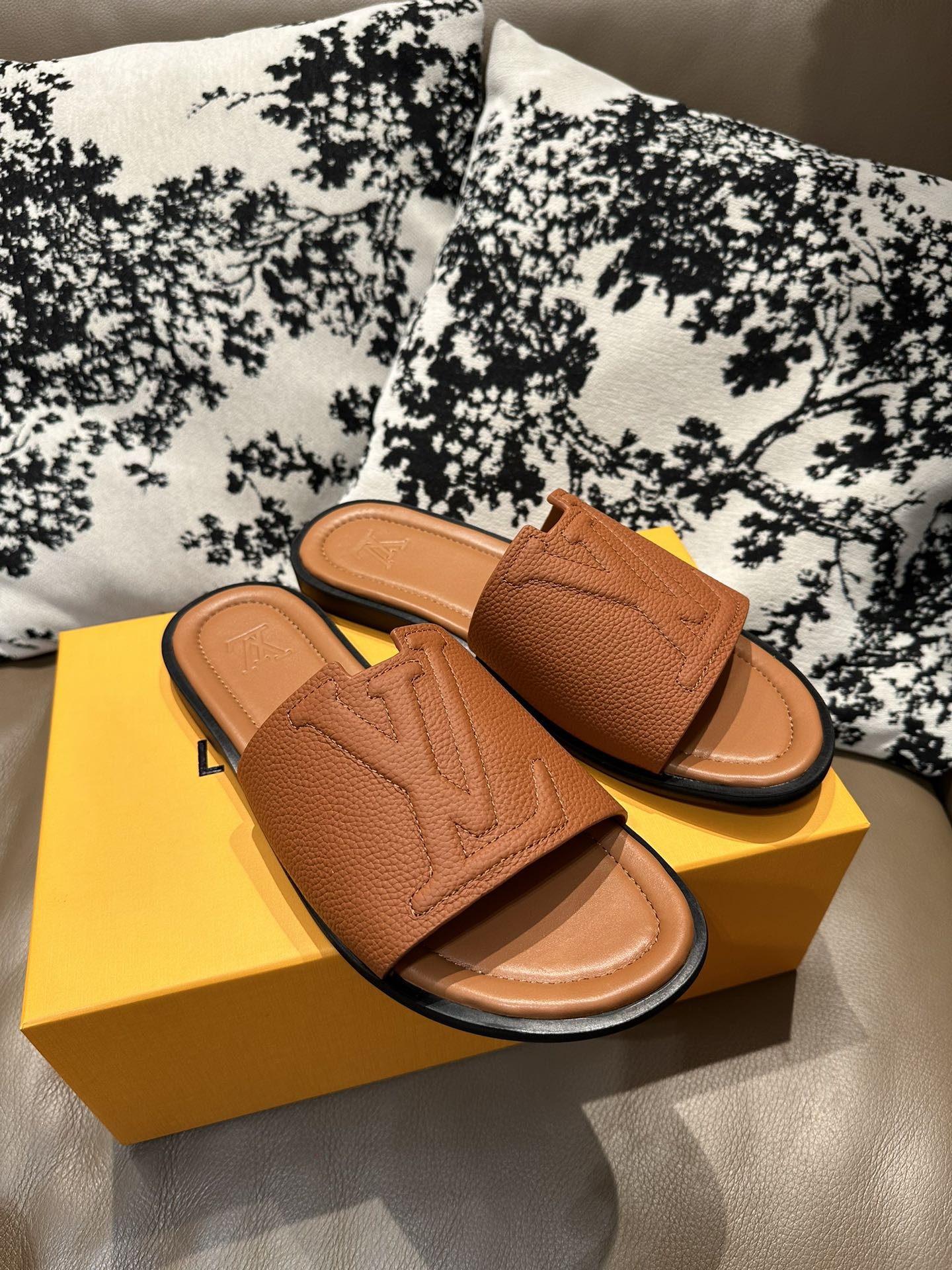 LV Leather Slide Sandals Brown