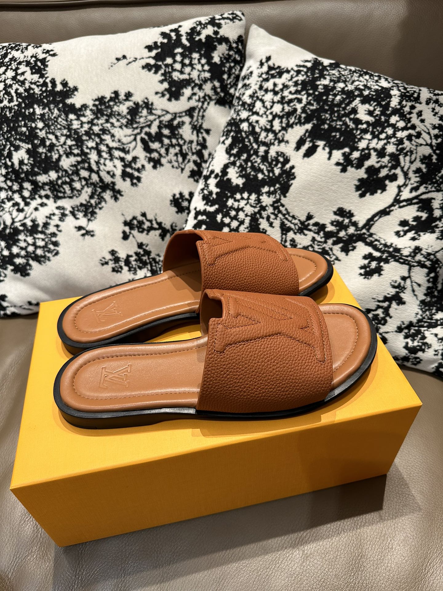 LV Leather Slide Sandals Brown