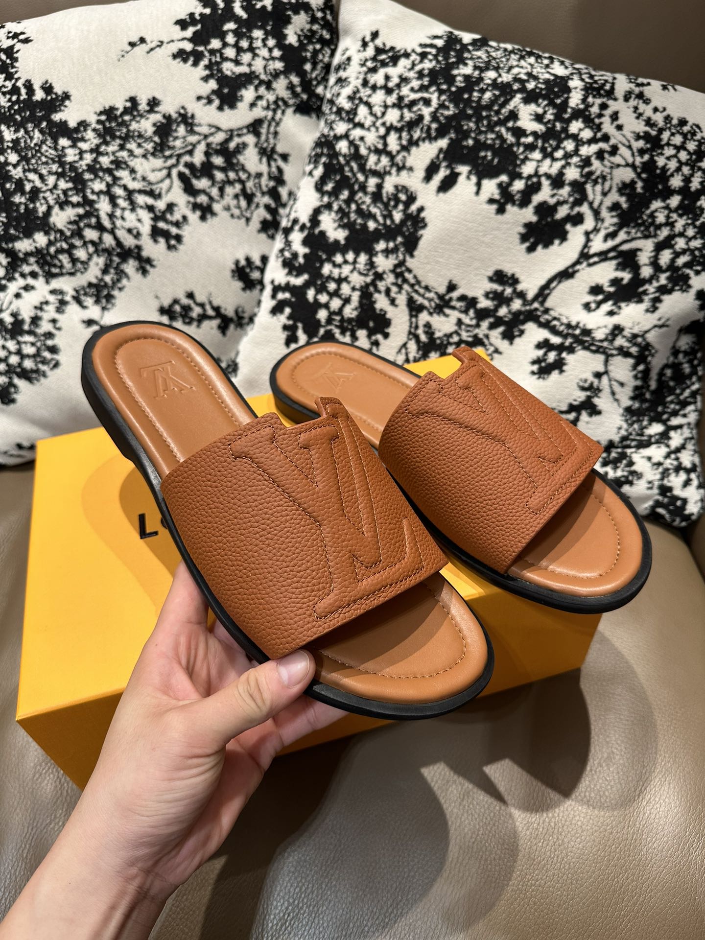 LV Leather Slide Sandals Brown
