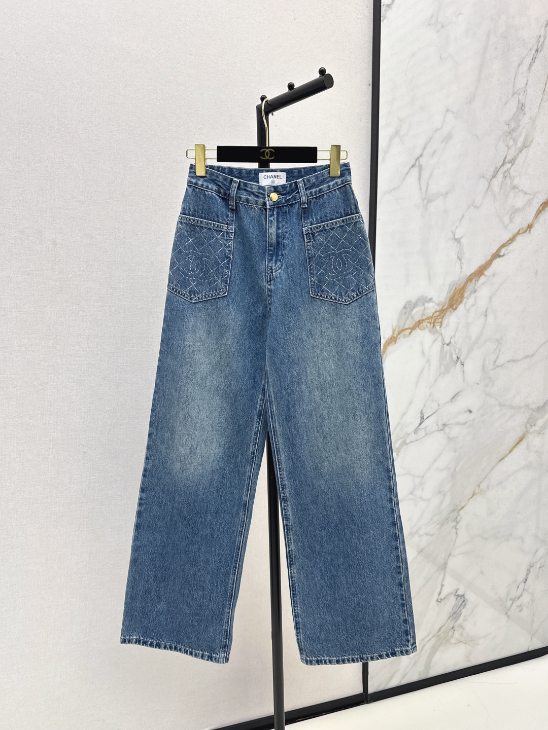 Chanel Logo Quilted Straight Jeans Blue