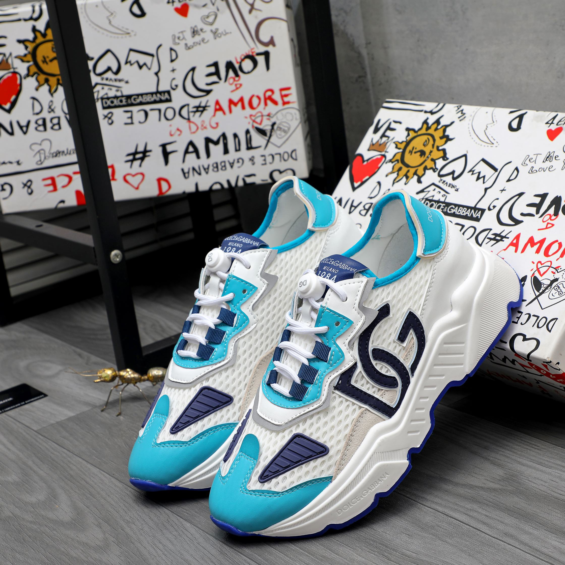 Dolce & Gabbana Mesh Leather Sneakers Blue
