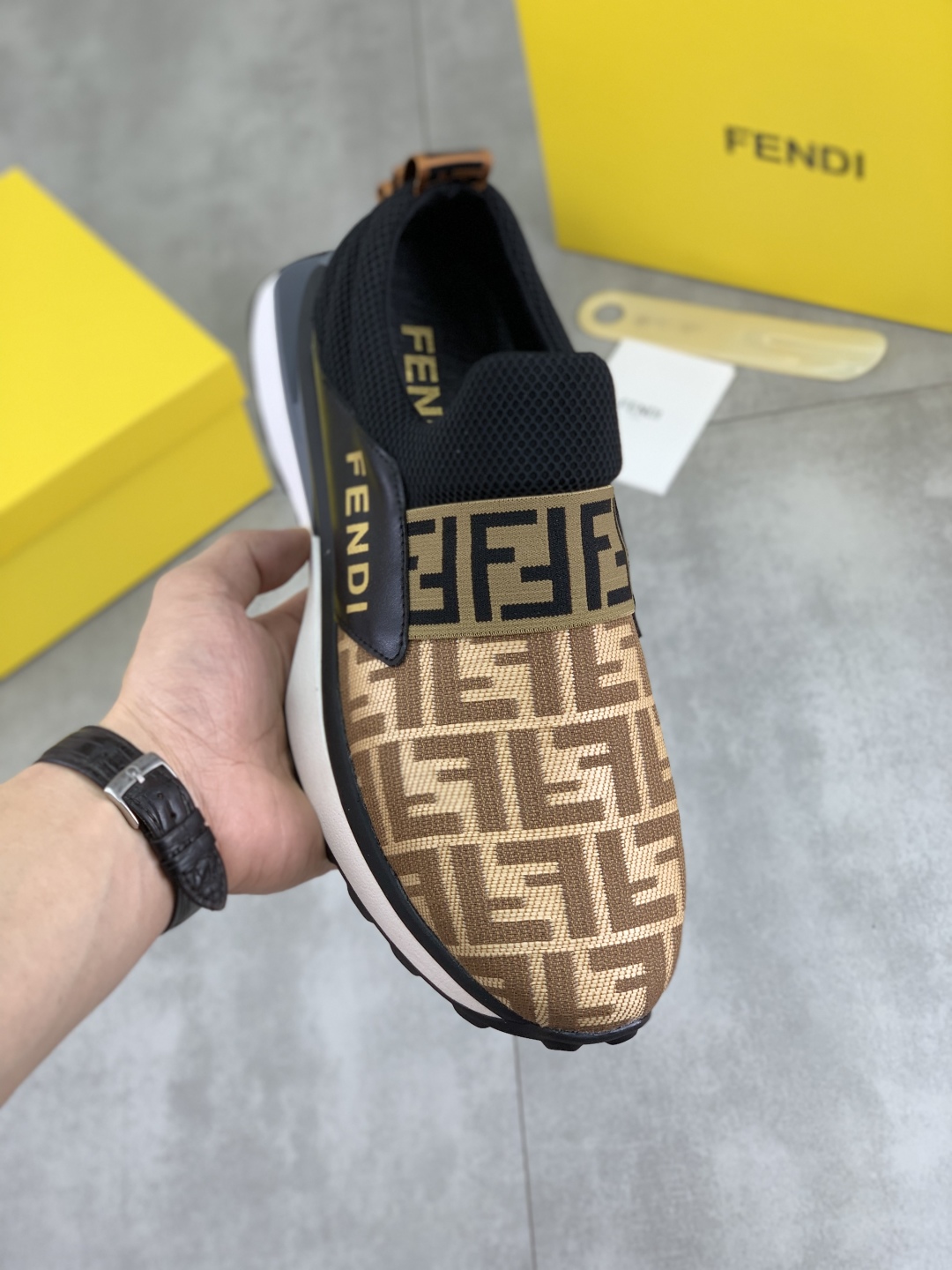 Fendi FF Logo Slip-On Driving Sneakers Brown