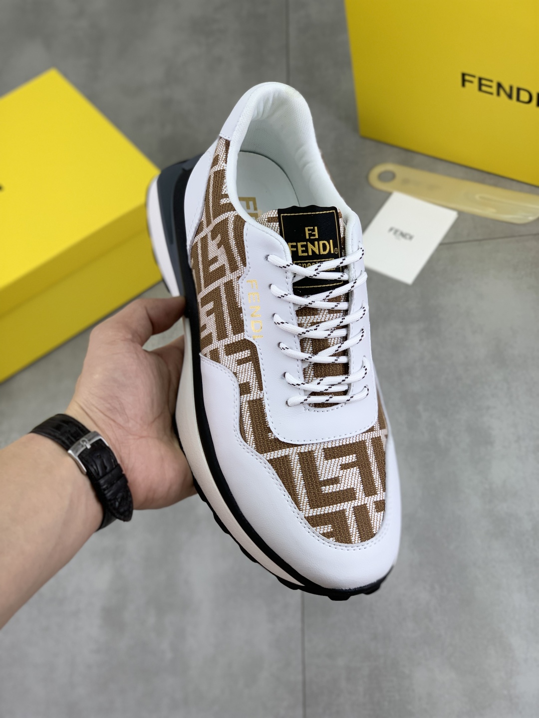 Fendi FF Logo Driving Sneakers White/Brown