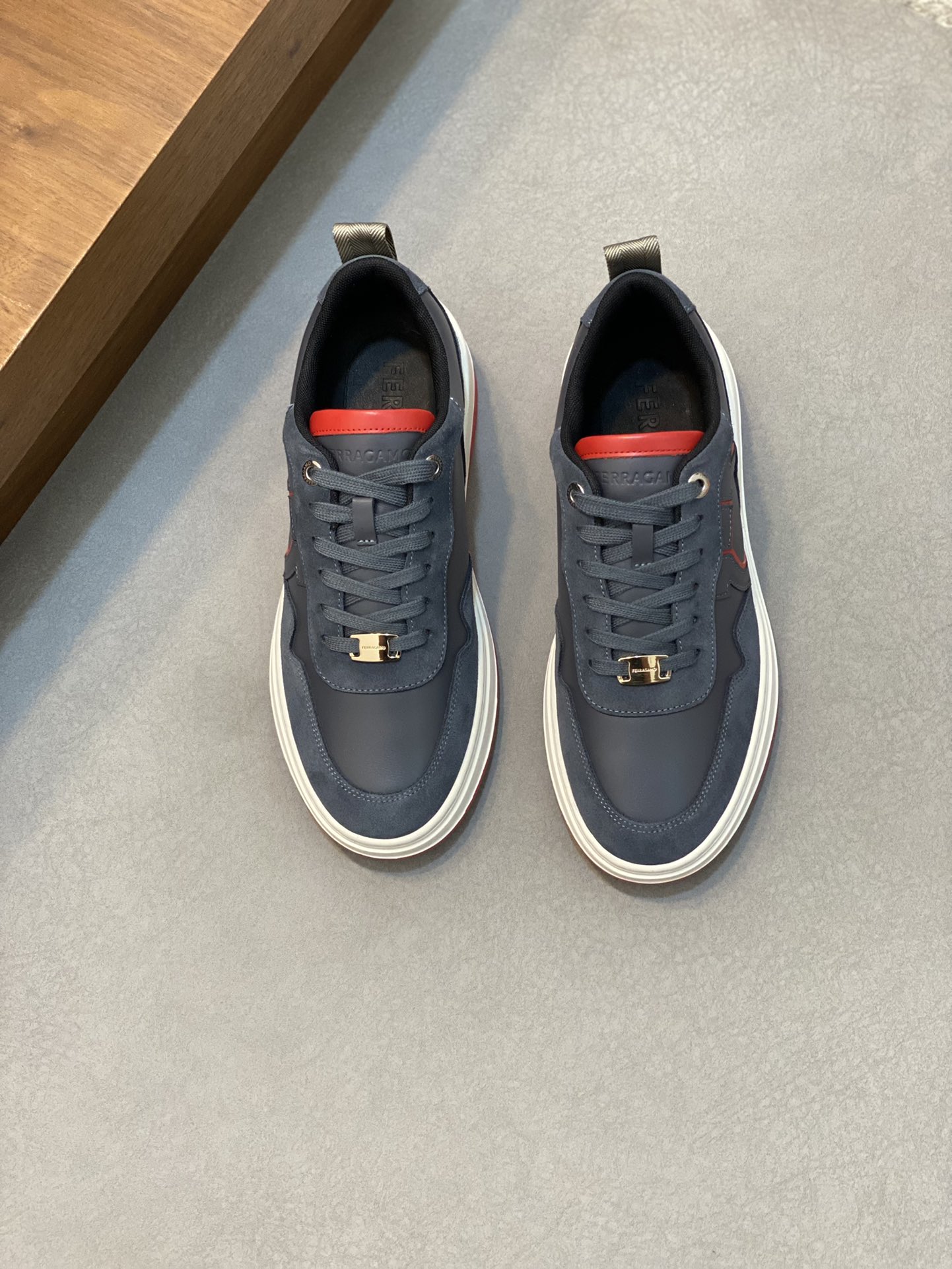 Ferragamo Nappa Leather Logo Sneakers Navy Red