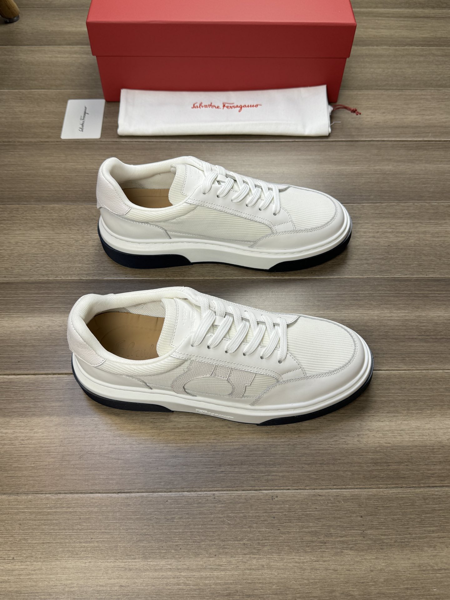 Ferragamo Nappa Leather Canvas Low-Top Sneakers White