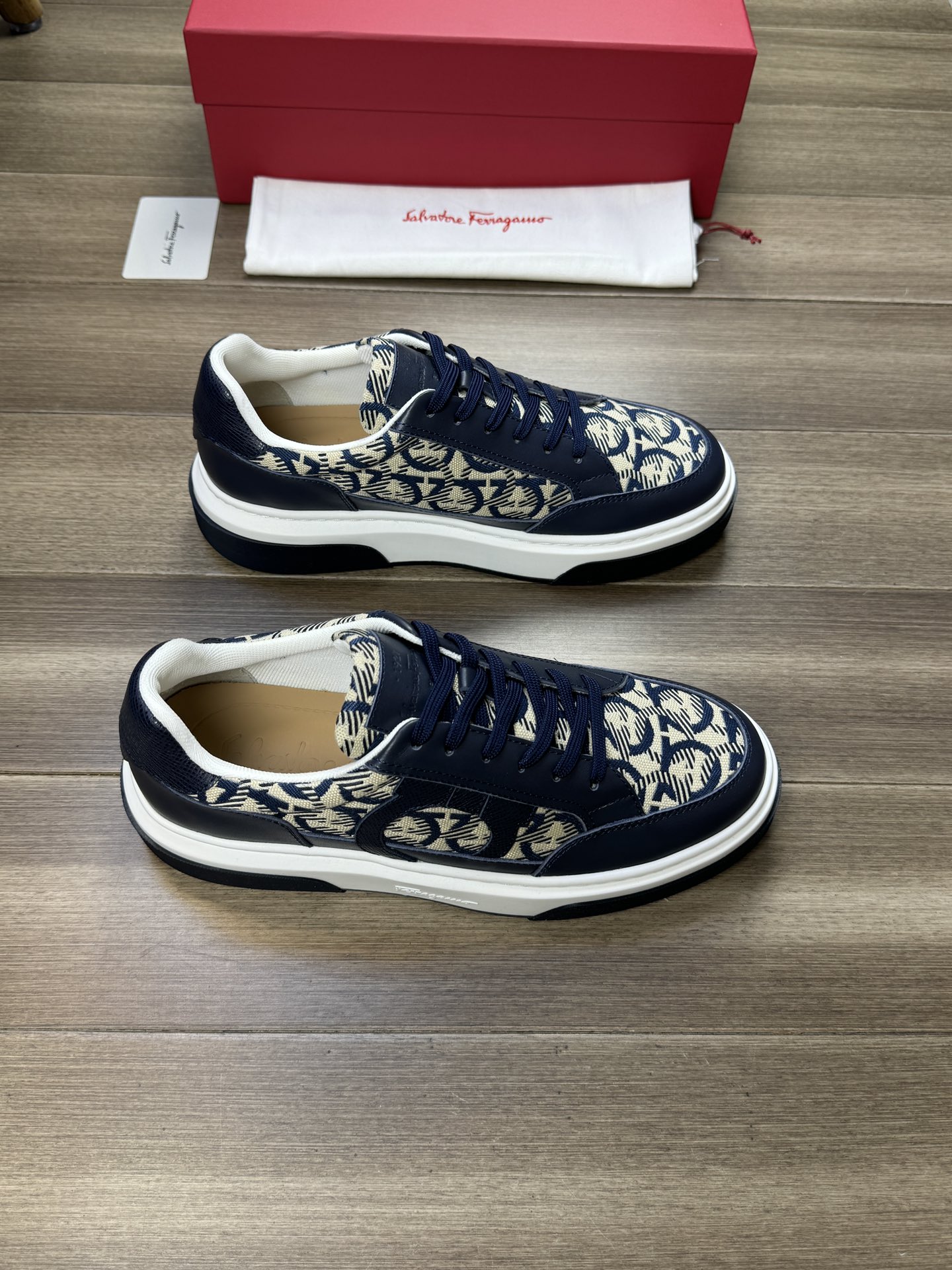 Ferragamo Gancini Canvas Leather Sneakers Navy