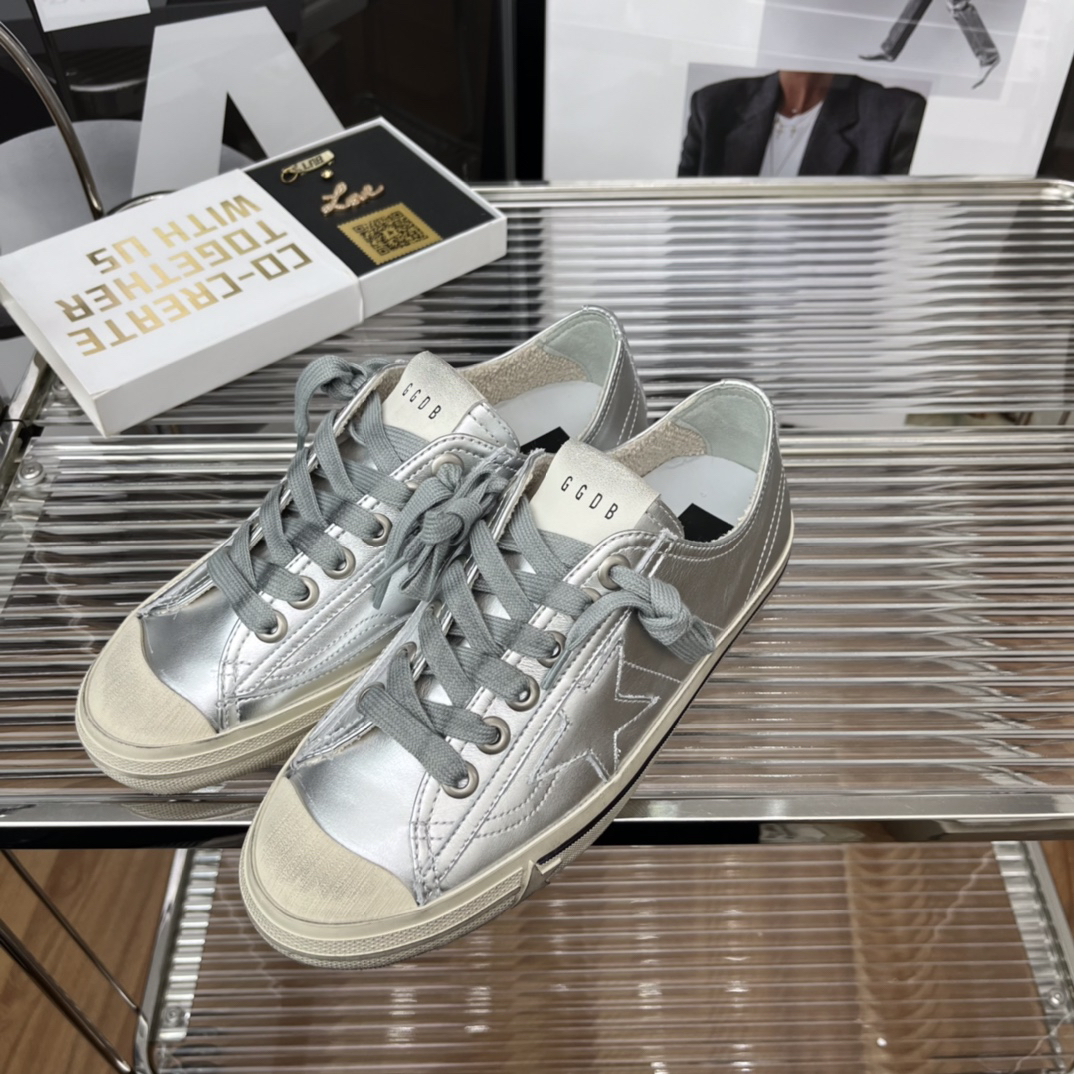 Golden Goose V-Star2 Distressed Sneakers Silver
