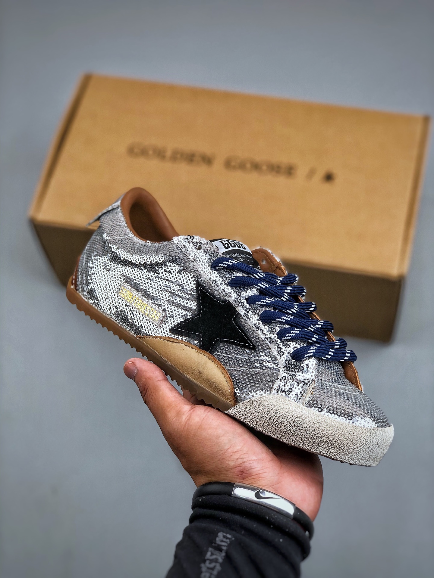 Golden Goose True Star Sequin Sneakers Silver