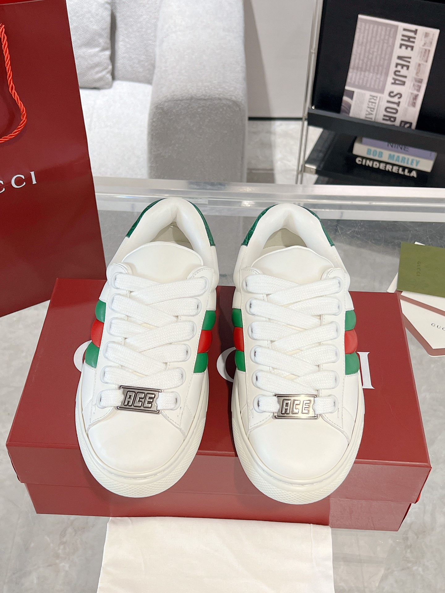 Gucci Ace Thick-Sole Sneakers White Green Red