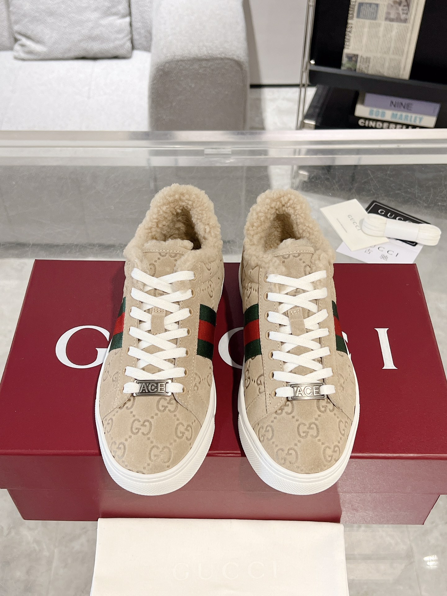 Gucci Ace GG Suede Shearling Sneakers Beige