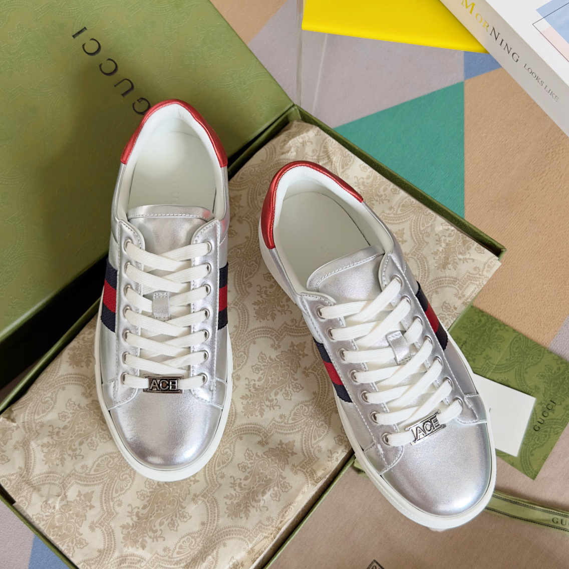 Gucci Ace Leather Sneakers Silver