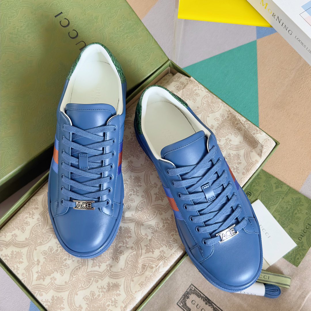 Gucci Ace Leather Low-Top Sneakers Blue