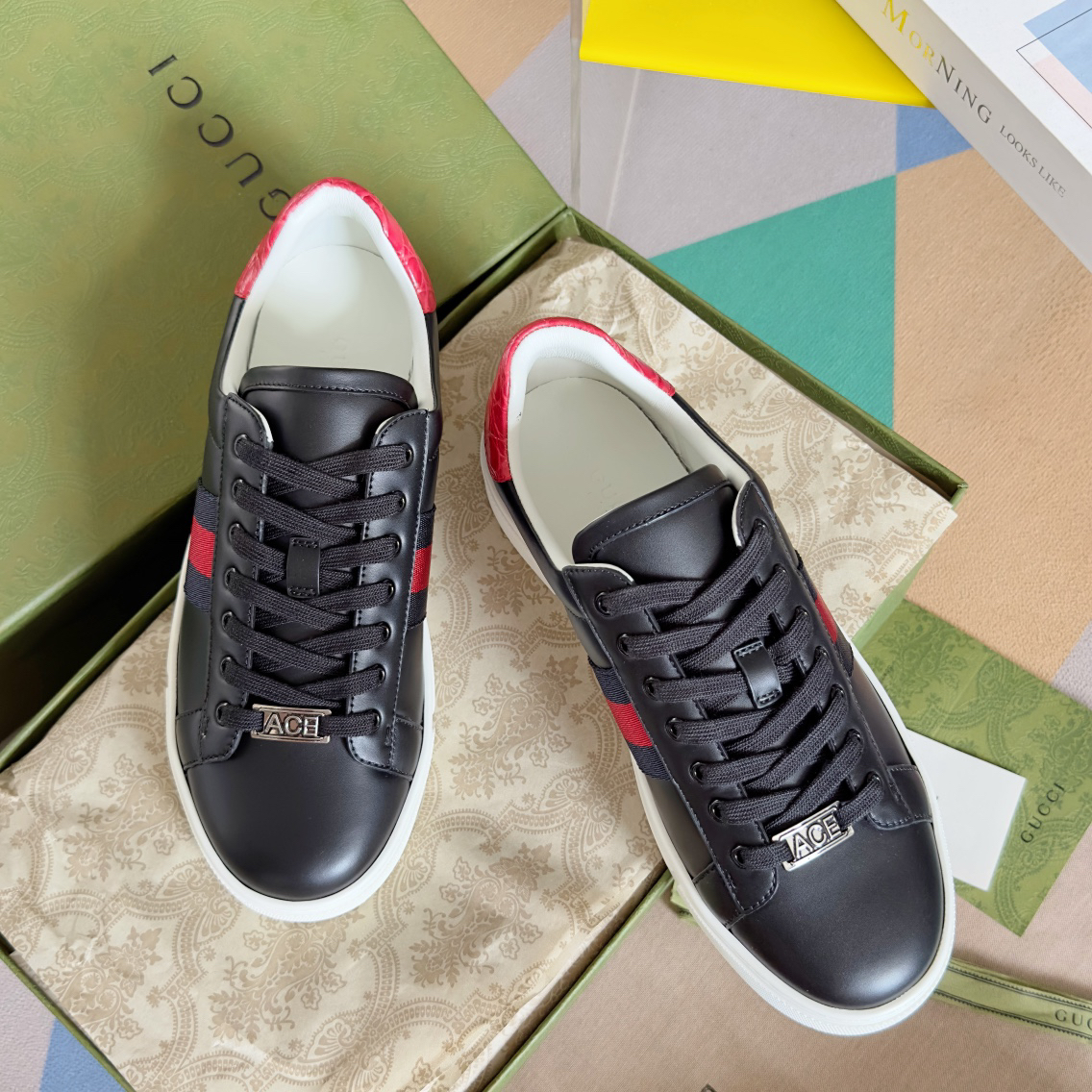 Gucci Ace Leather Sneakers Black/Red