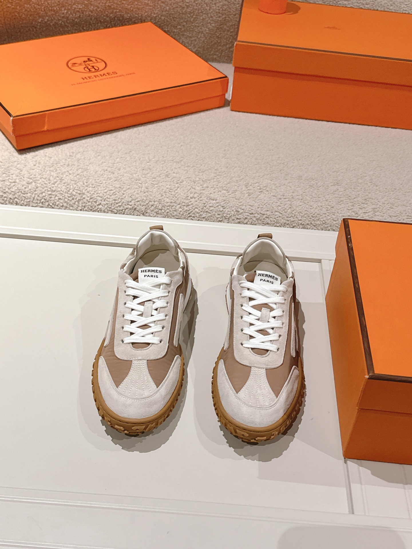 Hermes H Suede Sport Sneakers Tan/White
