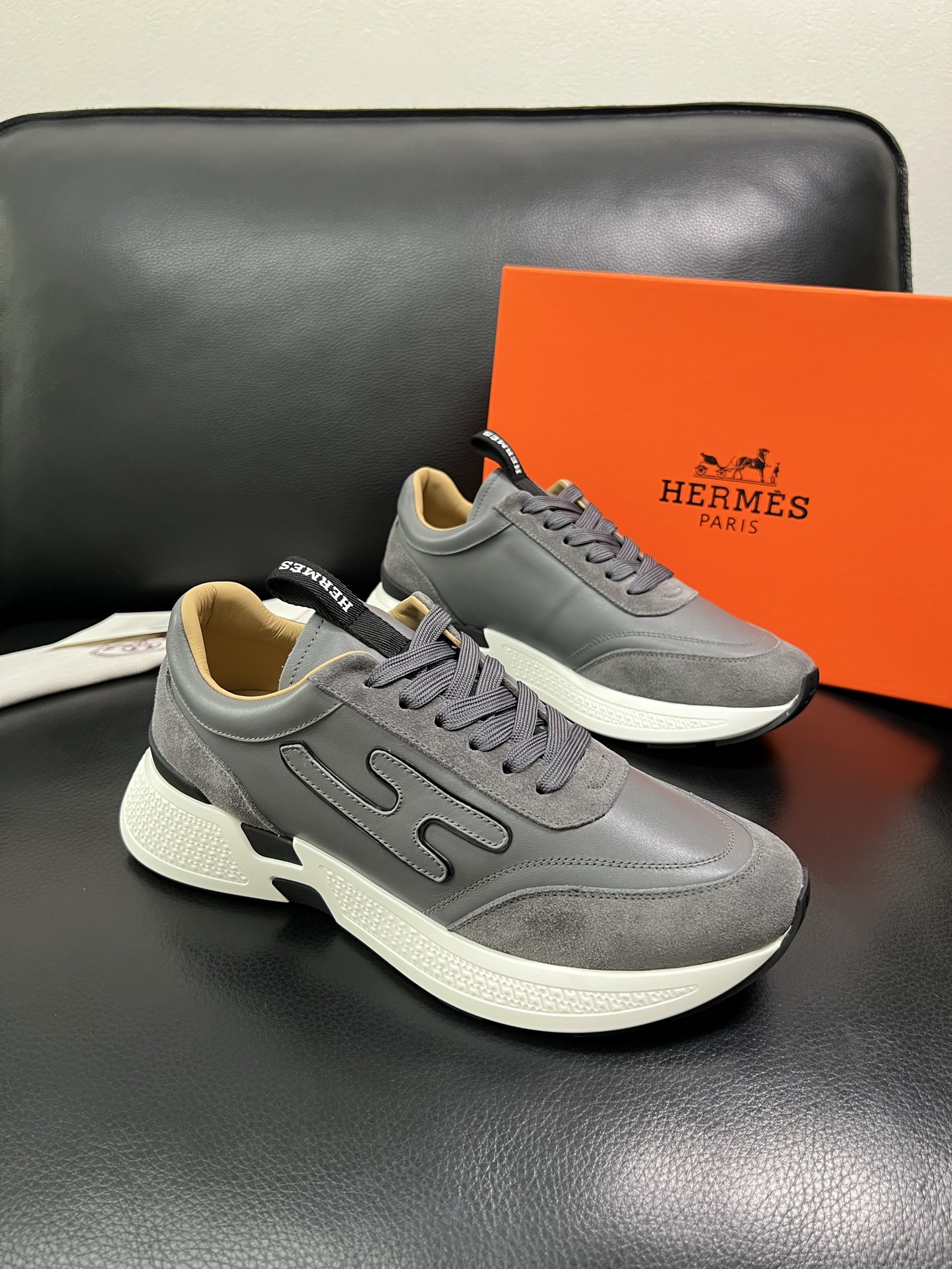 Hermes Leather Suede Sneakers Grey