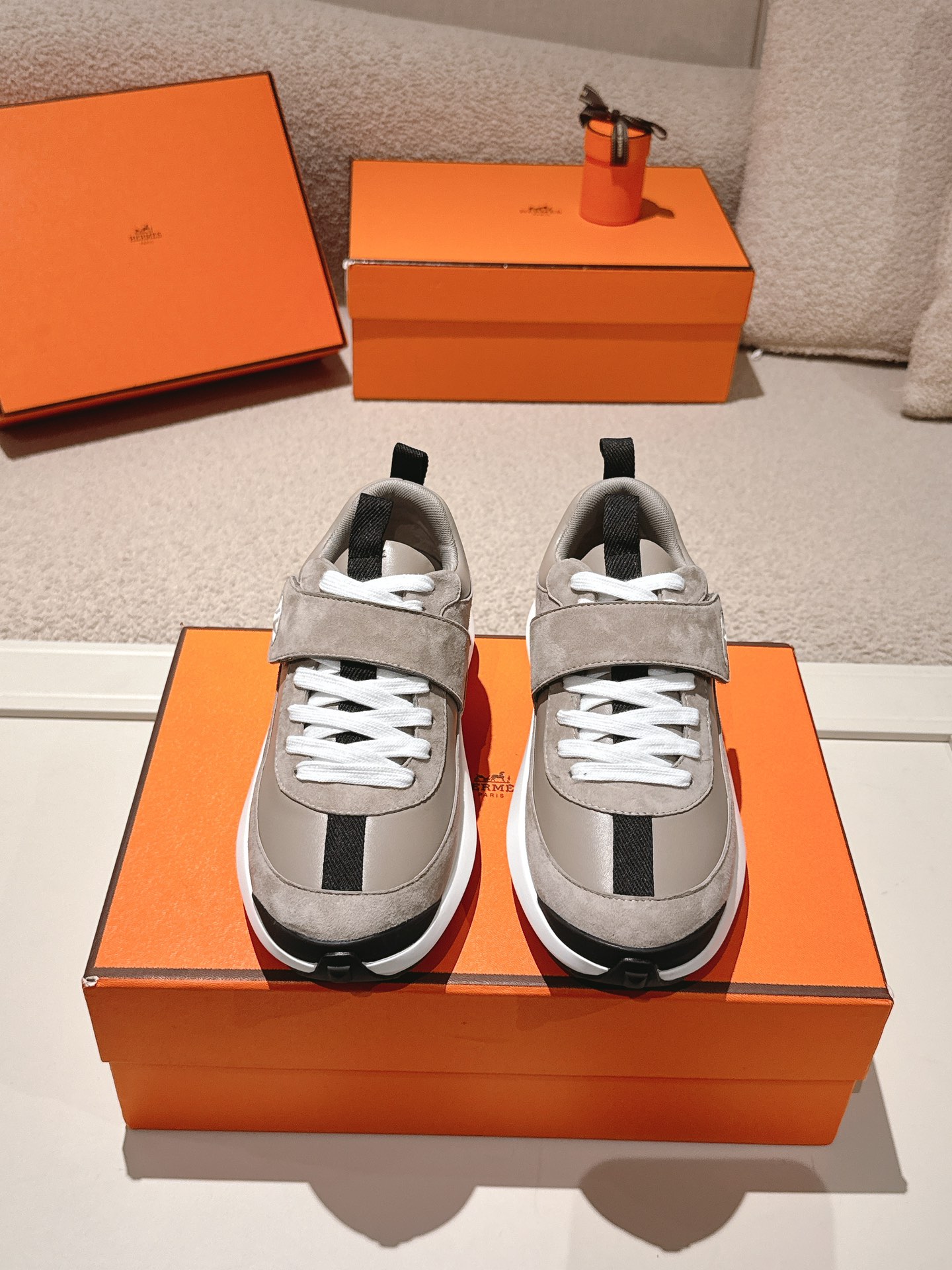 Hermes Leather Suede Sneakers Gray