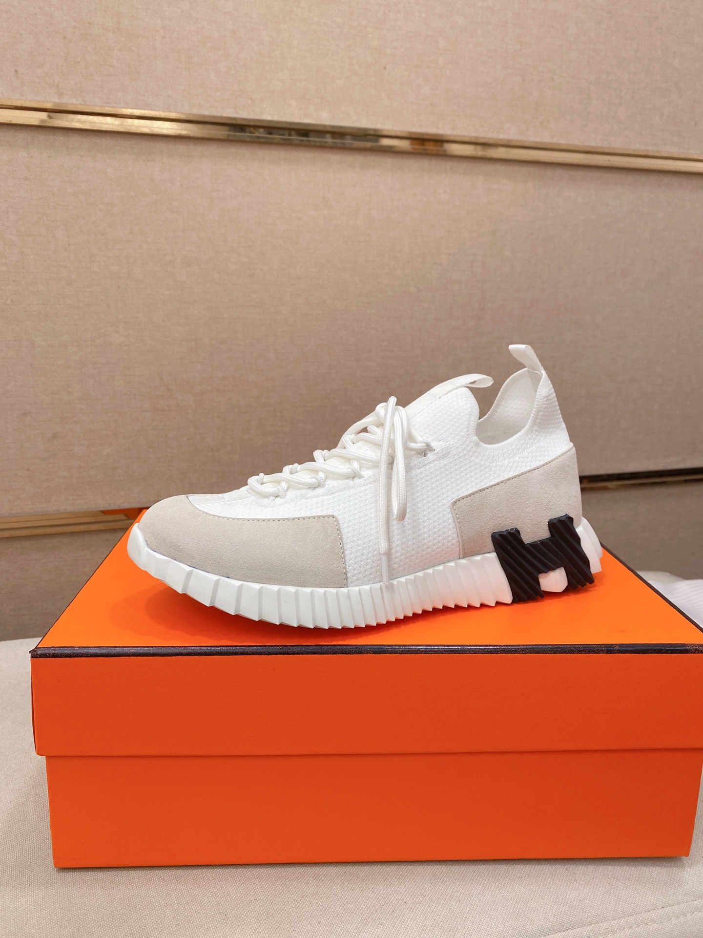 Hermes Knit Suede Sneakers White