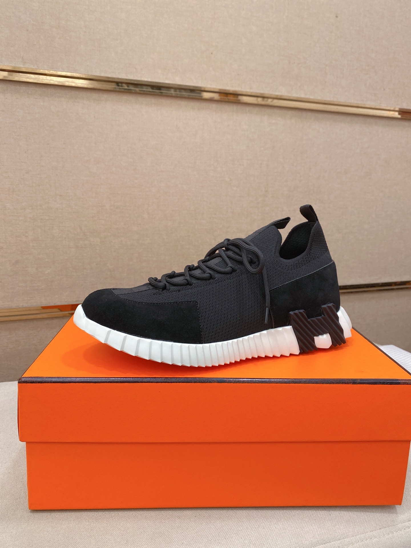 Hermes Knit Leather Sneakers Black