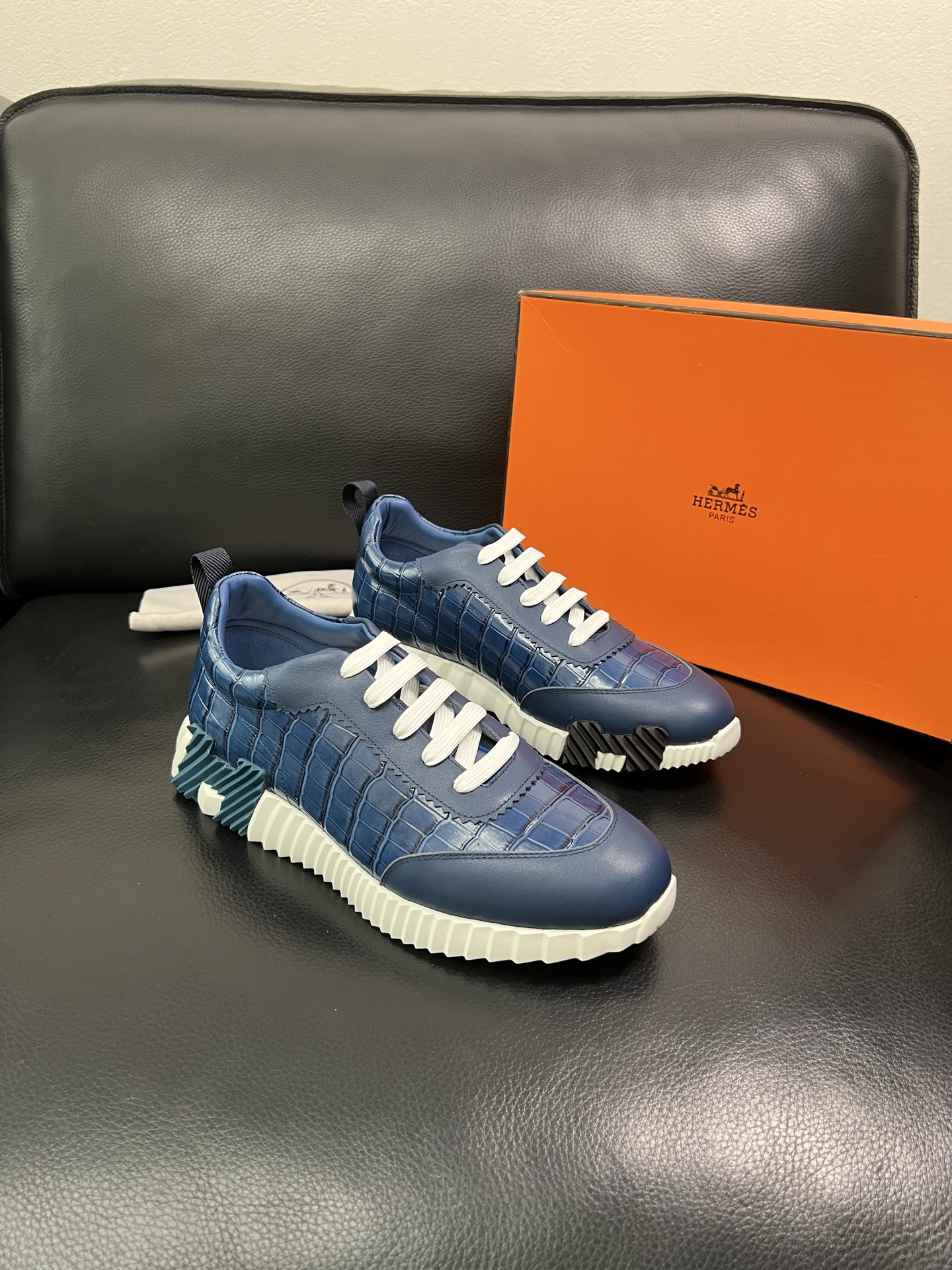 Hermes Croc-Embossed Leather Sneakers Blue