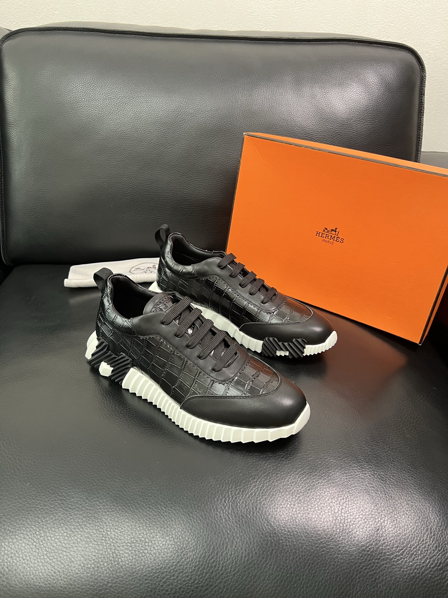 Hermes Croc-Embossed Sneakers Black