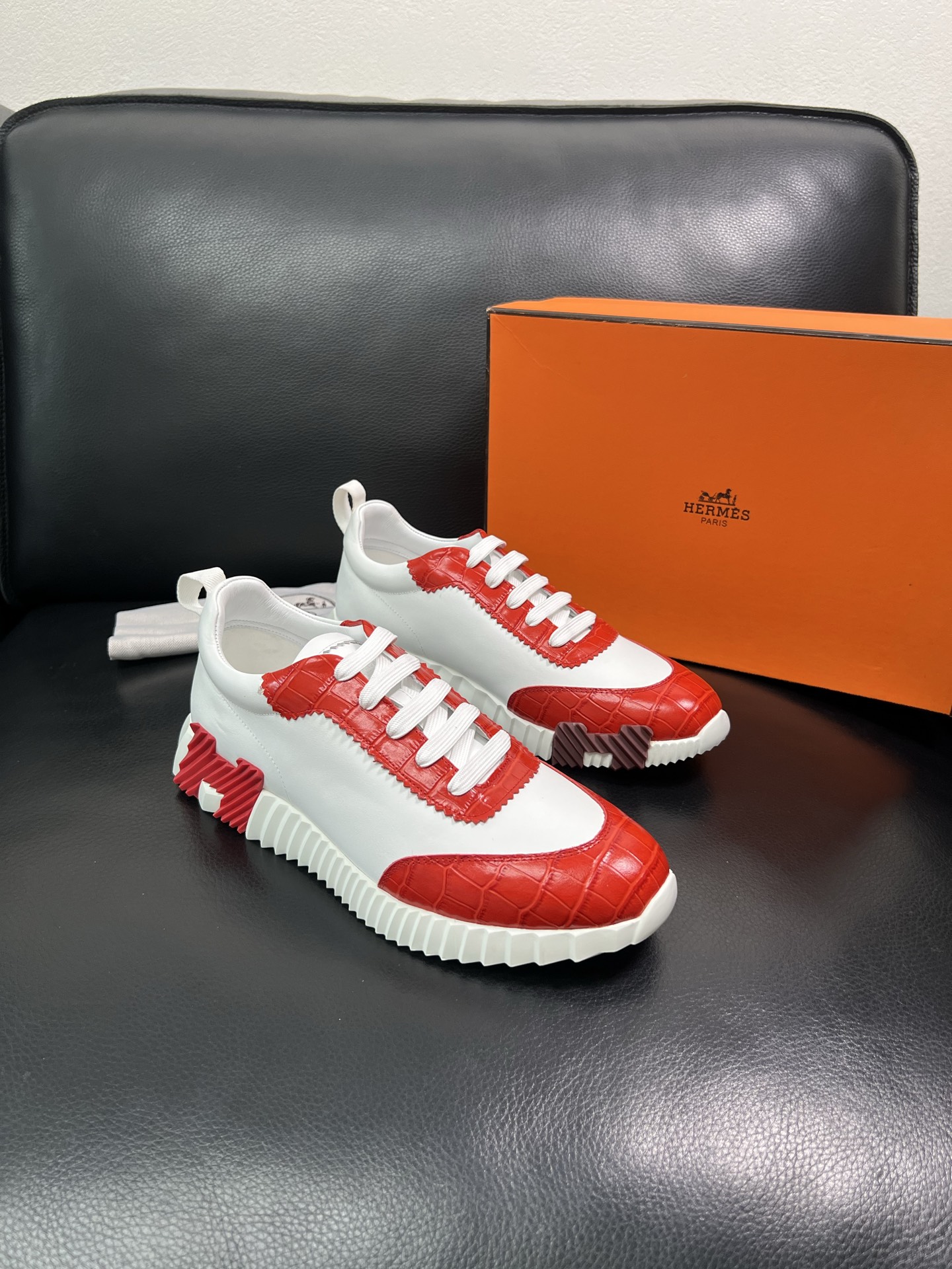 Hermes Leather Chunky Sneakers Red/White