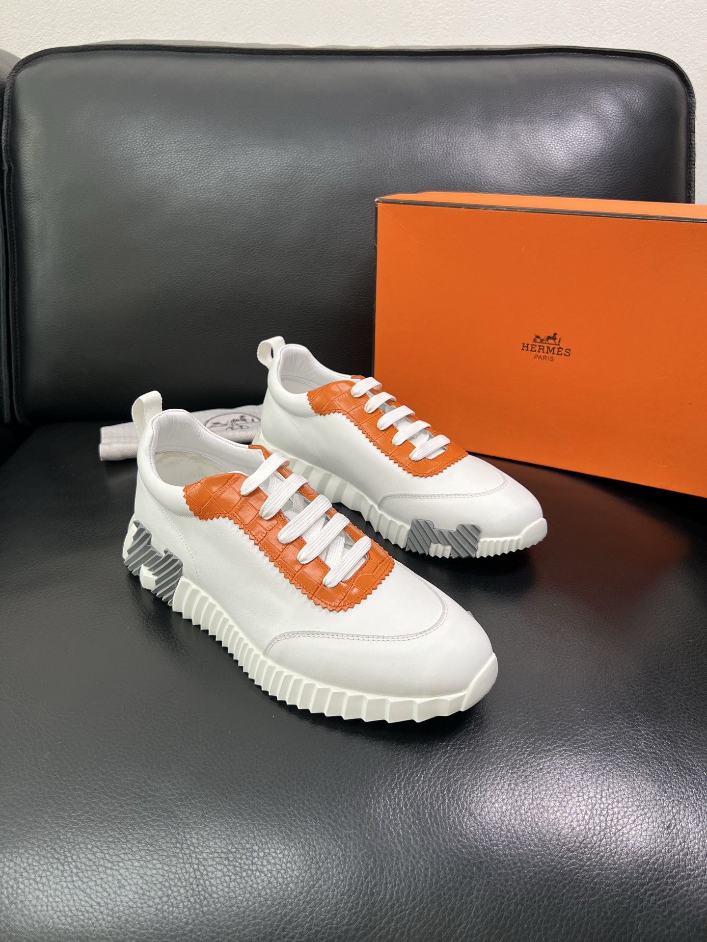 Hermes Leather Chunky Sneakers White/Orange