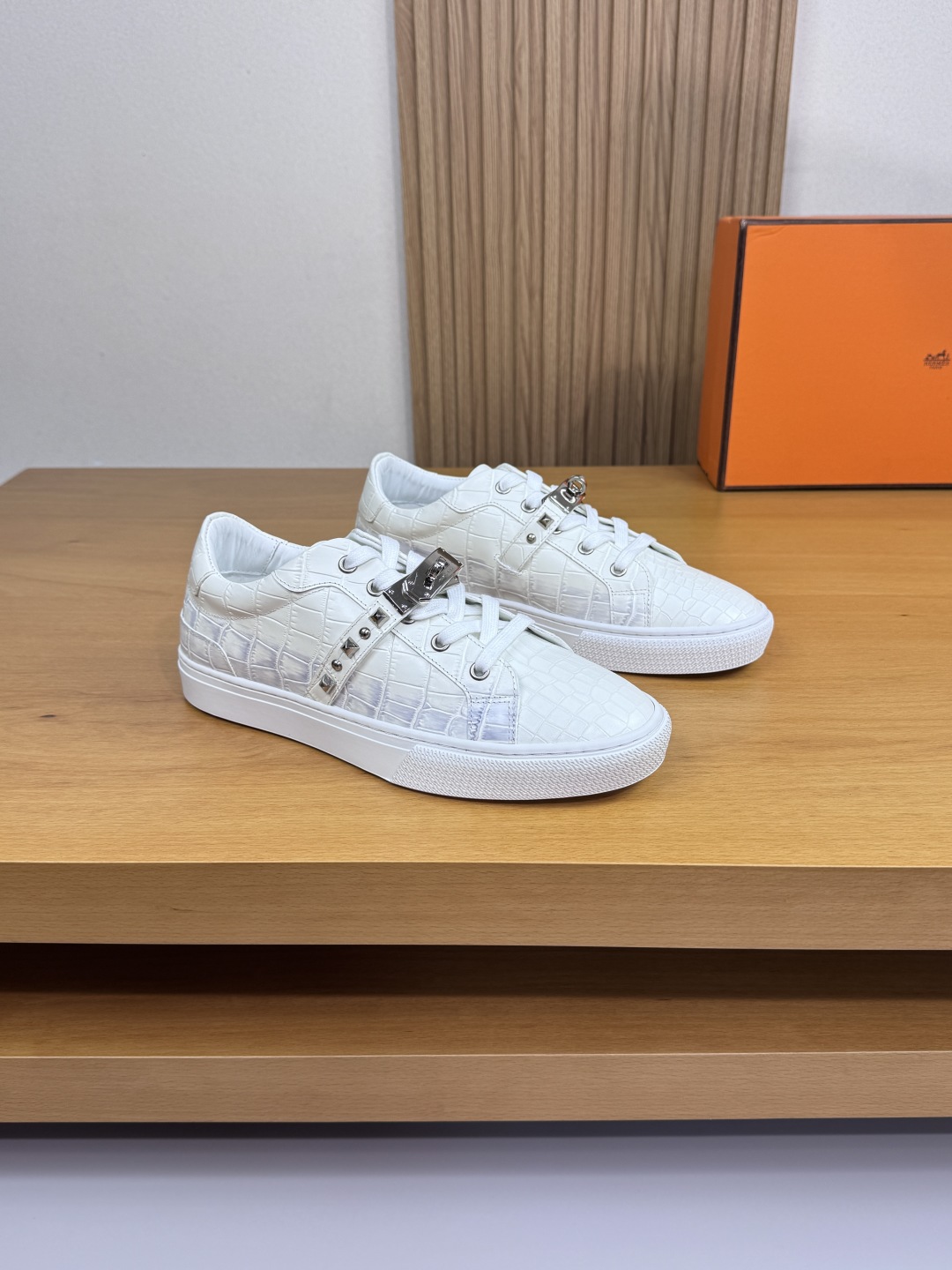 Hermes Croc-Embossed Leather Sneakers White