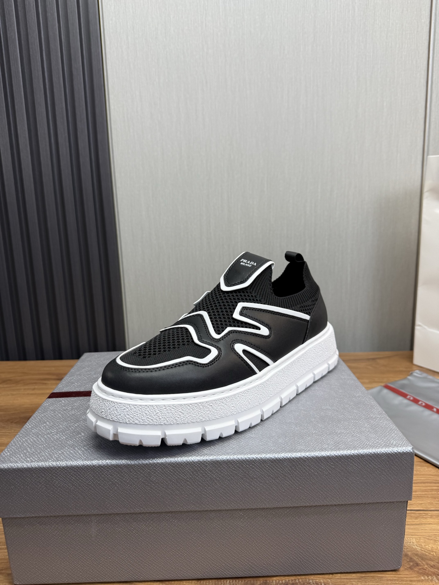 Prada Milano Mesh Slip-On Sneakers Black/White