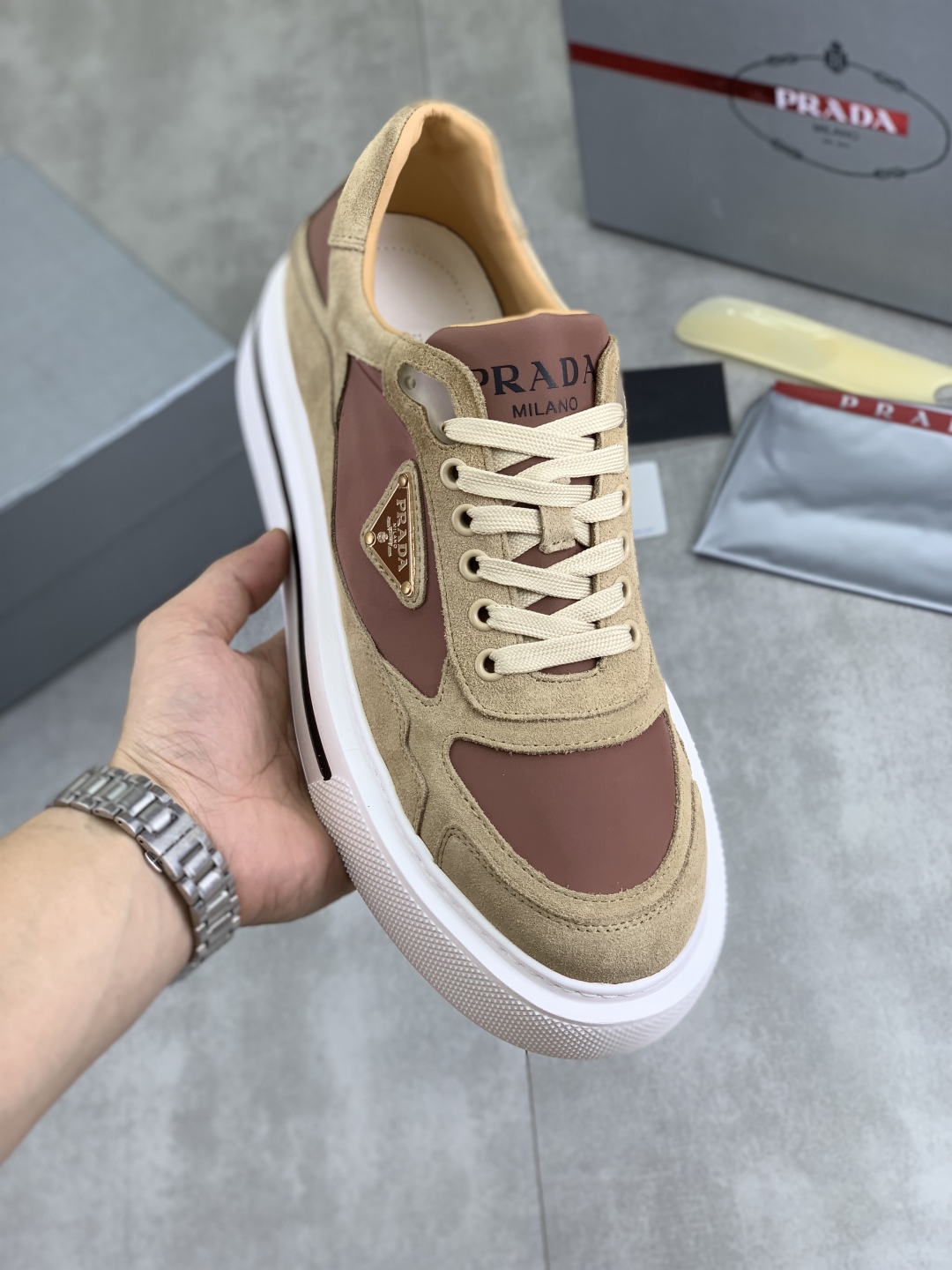 Prada Milano Leather Suede Low-Top Sneakers Khaki Brown