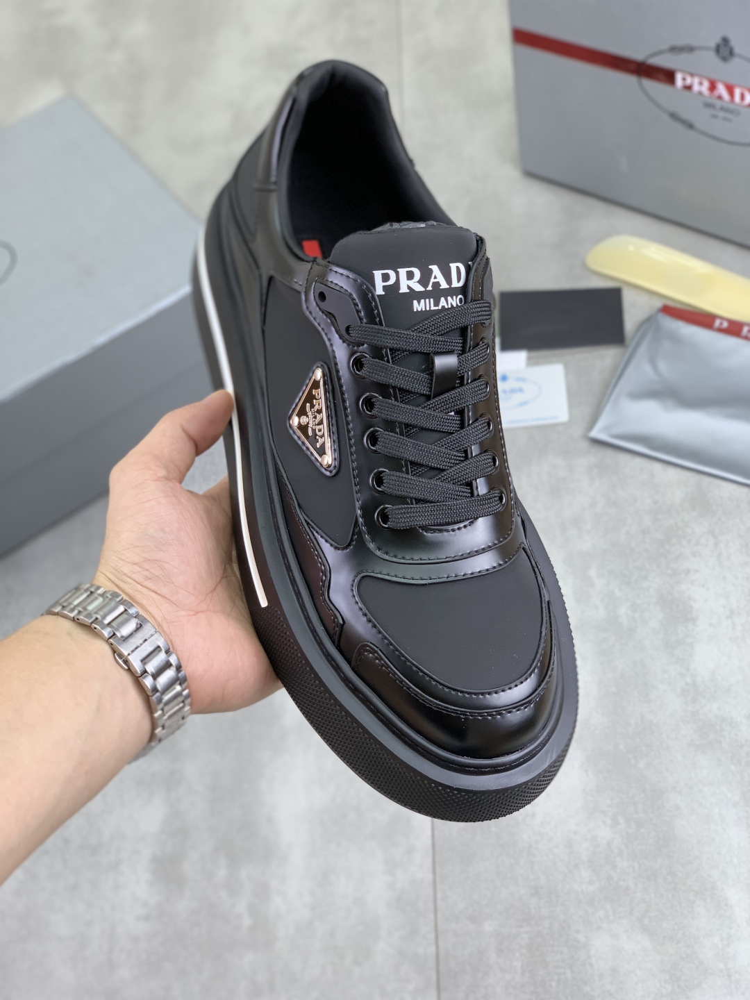 Prada Milano Leather Platform Sneakers Black
