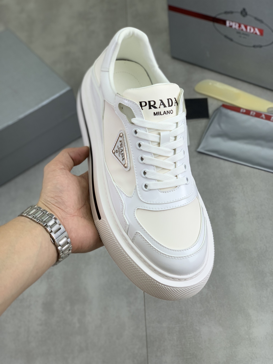 Prada Milano Leather Platform Sneakers White