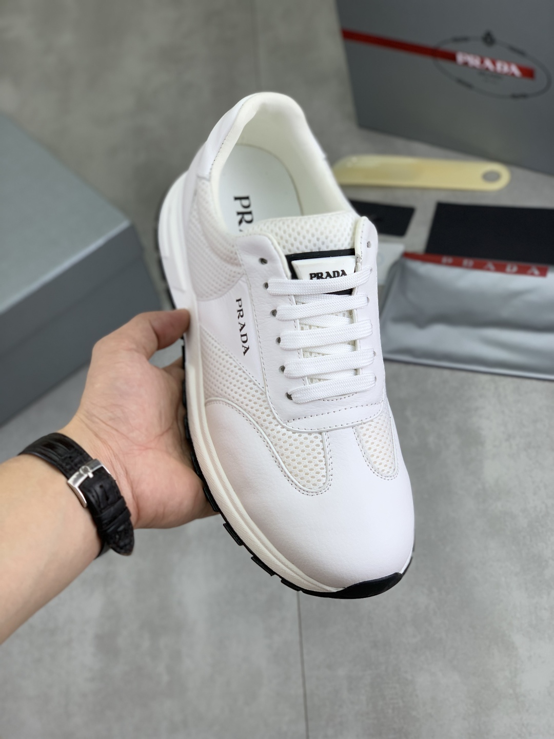 Prada Calf Leather Mesh Runner Sneakers White