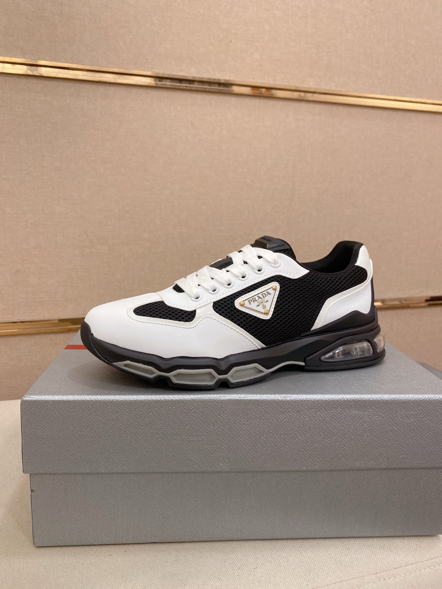 Prada Air-Cushion Mesh Sneakers Black/White