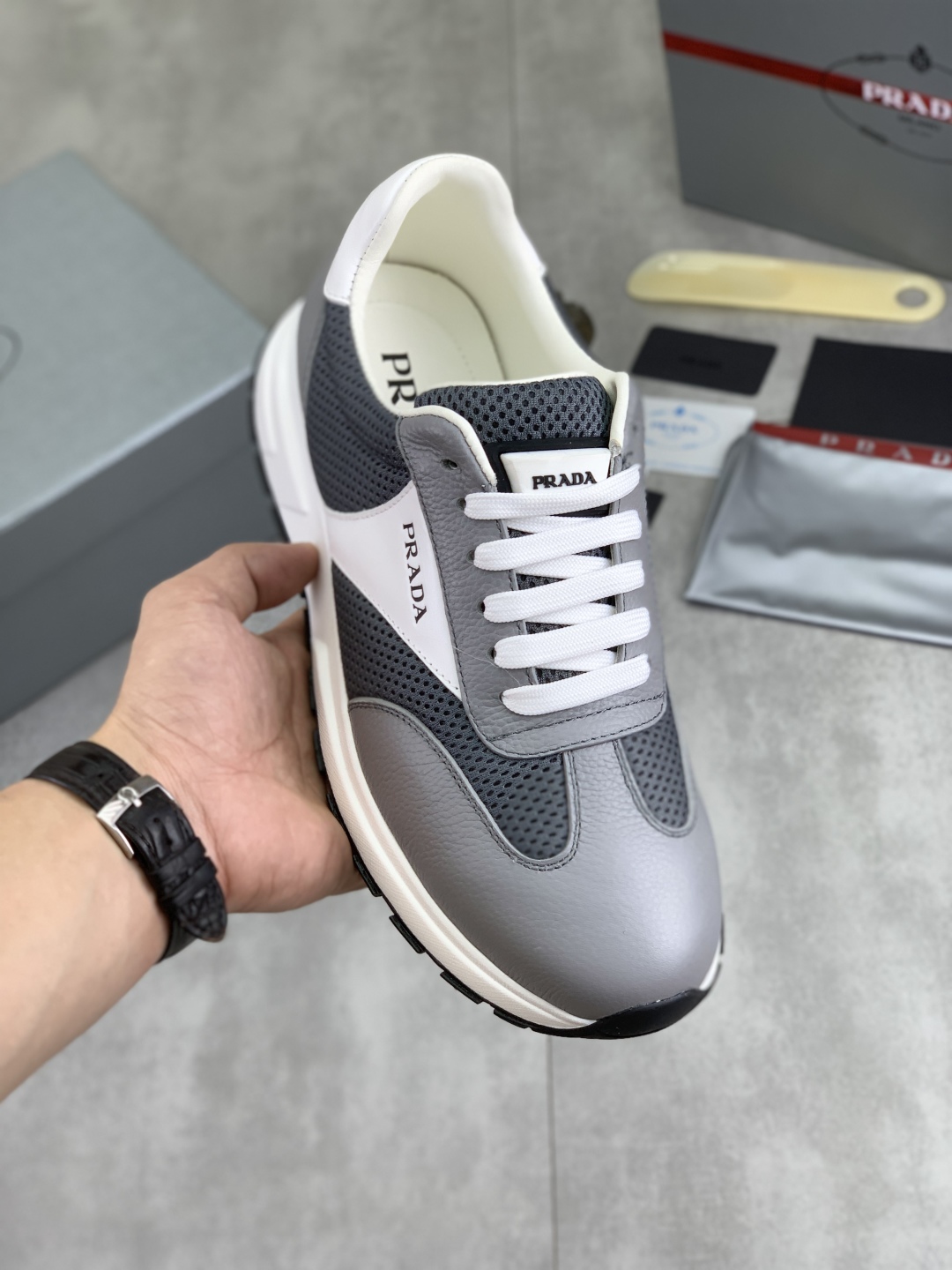 Prada Calfskin Mesh Sneakers Grey