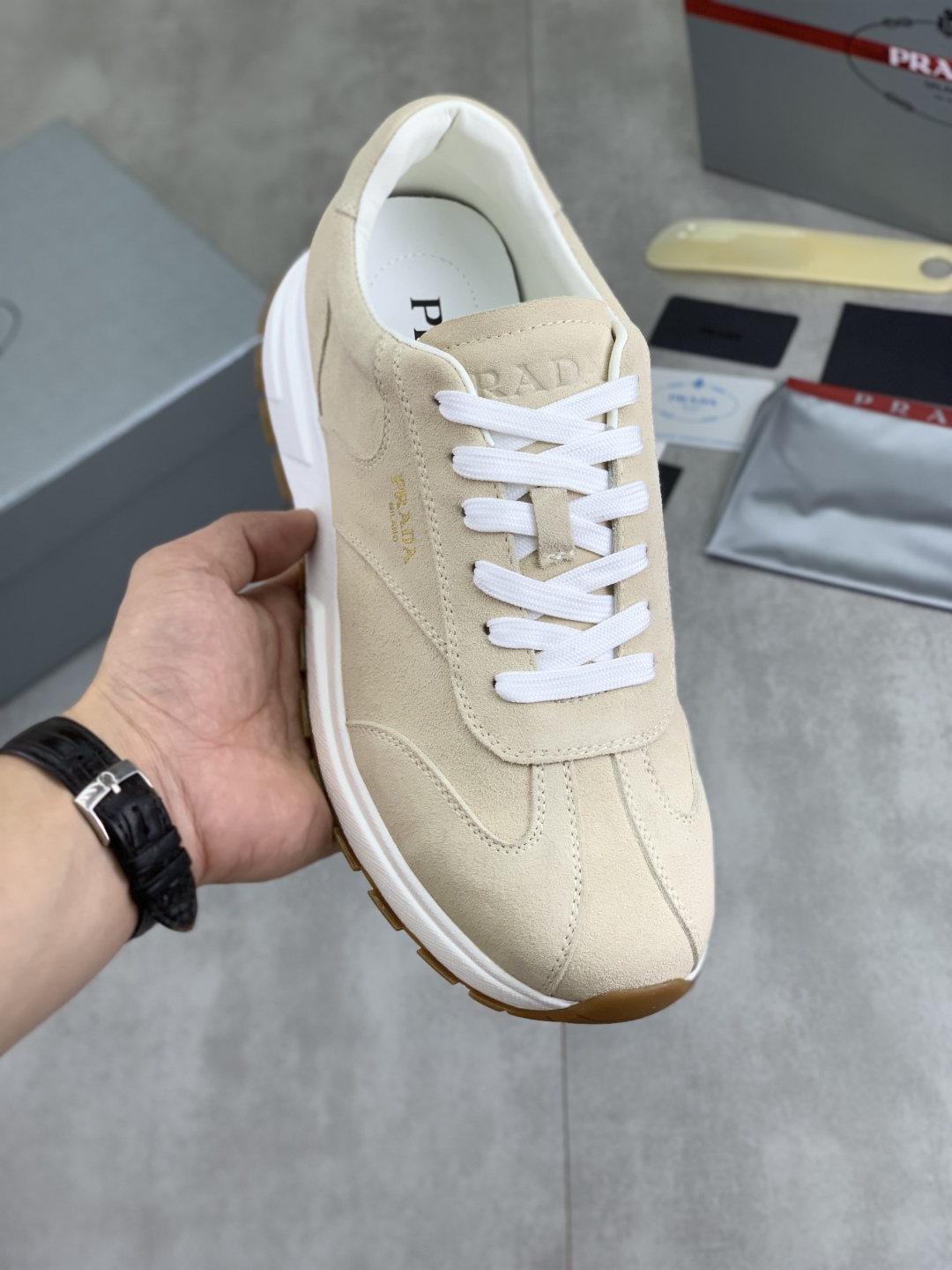 Prada Suede Calfskin Sneakers Beige