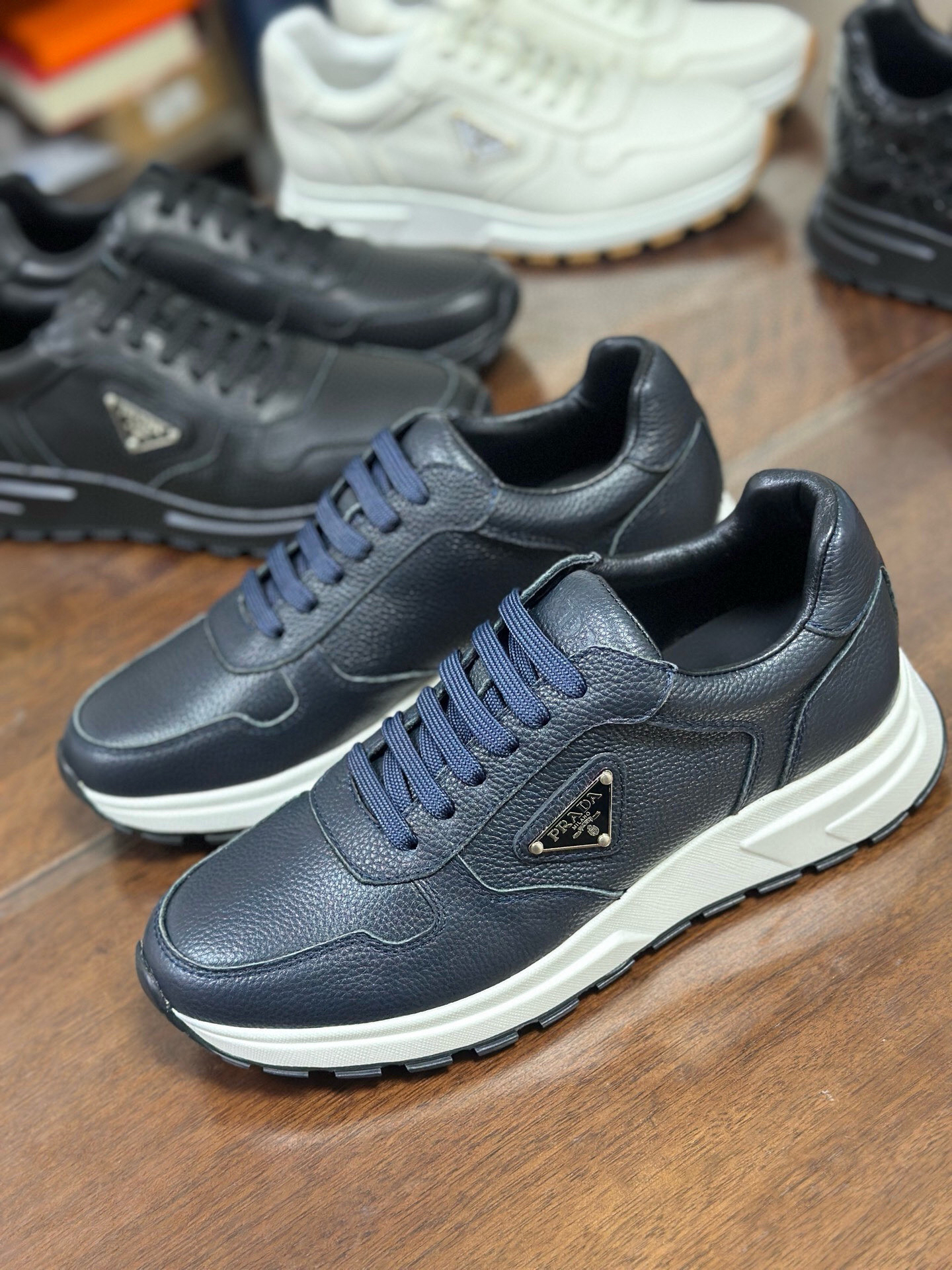 Prada Prax 2.0 Leather Sneakers Navy