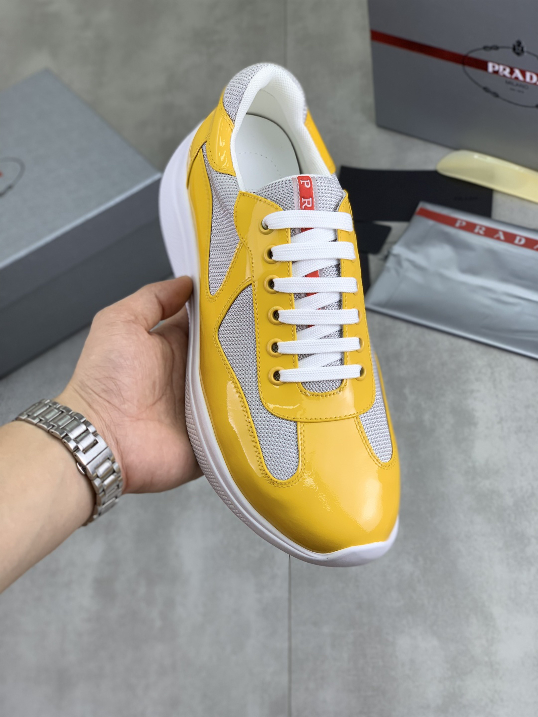 Prada Leather Mesh Sneakers Yellow