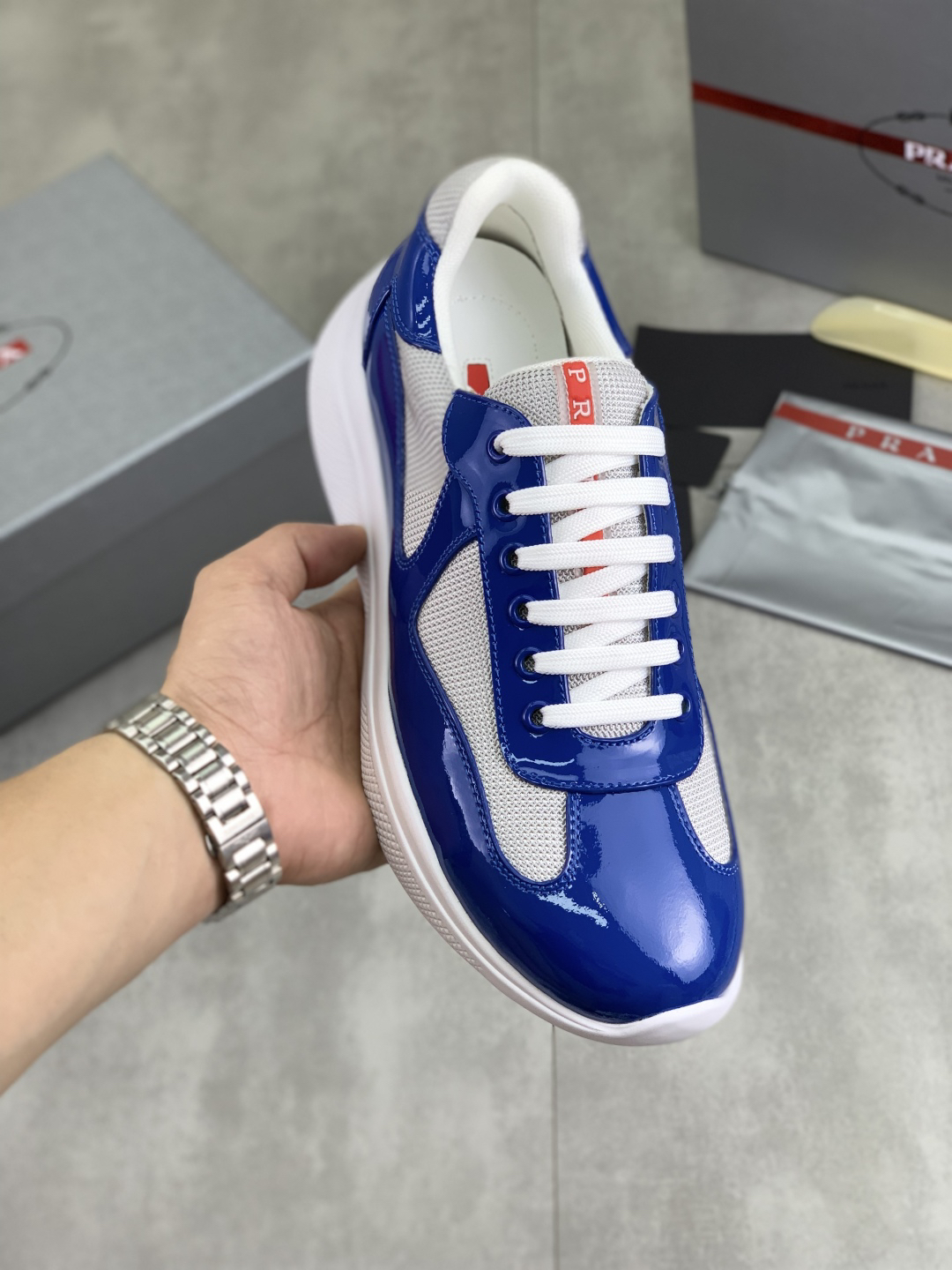 Prada Mesh Leather Sneakers Blue
