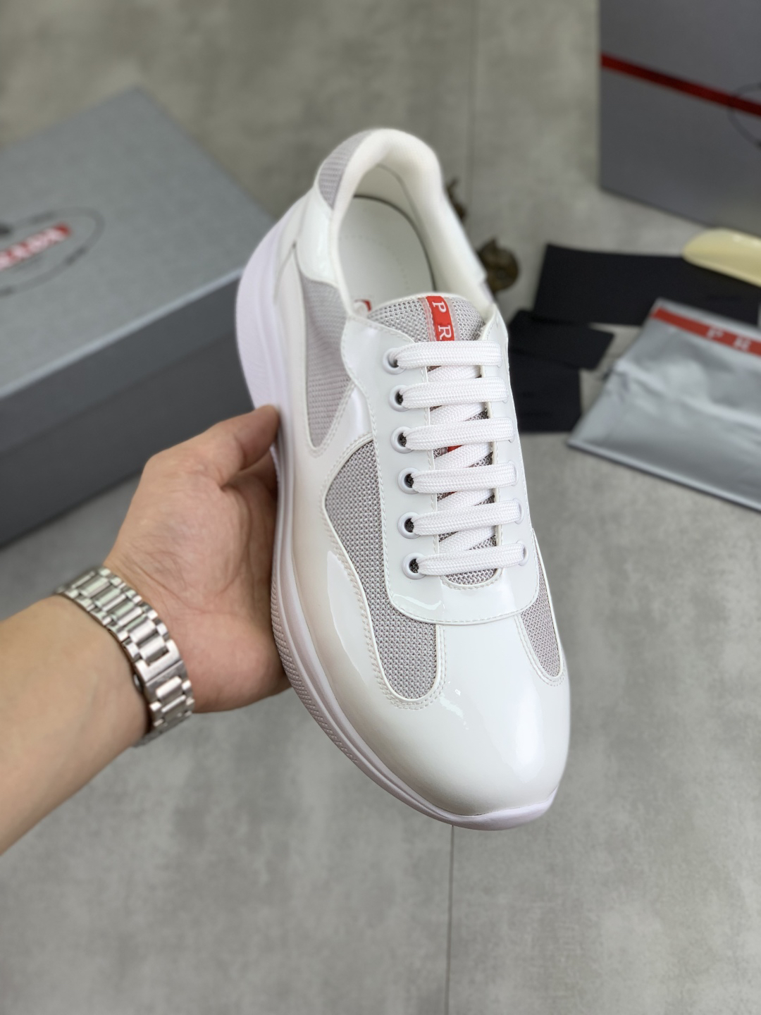 Prada Mesh Leather Sneakers White