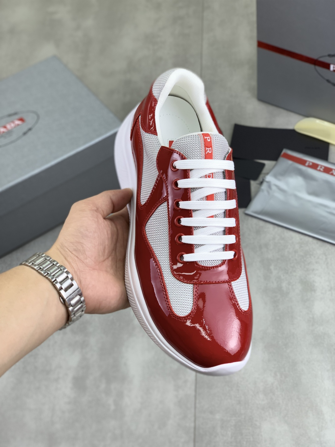 Prada Leather Mesh Sneakers Red/White