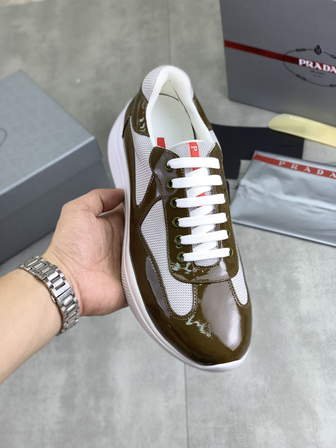 Prada Leather Mesh Sneakers Olive